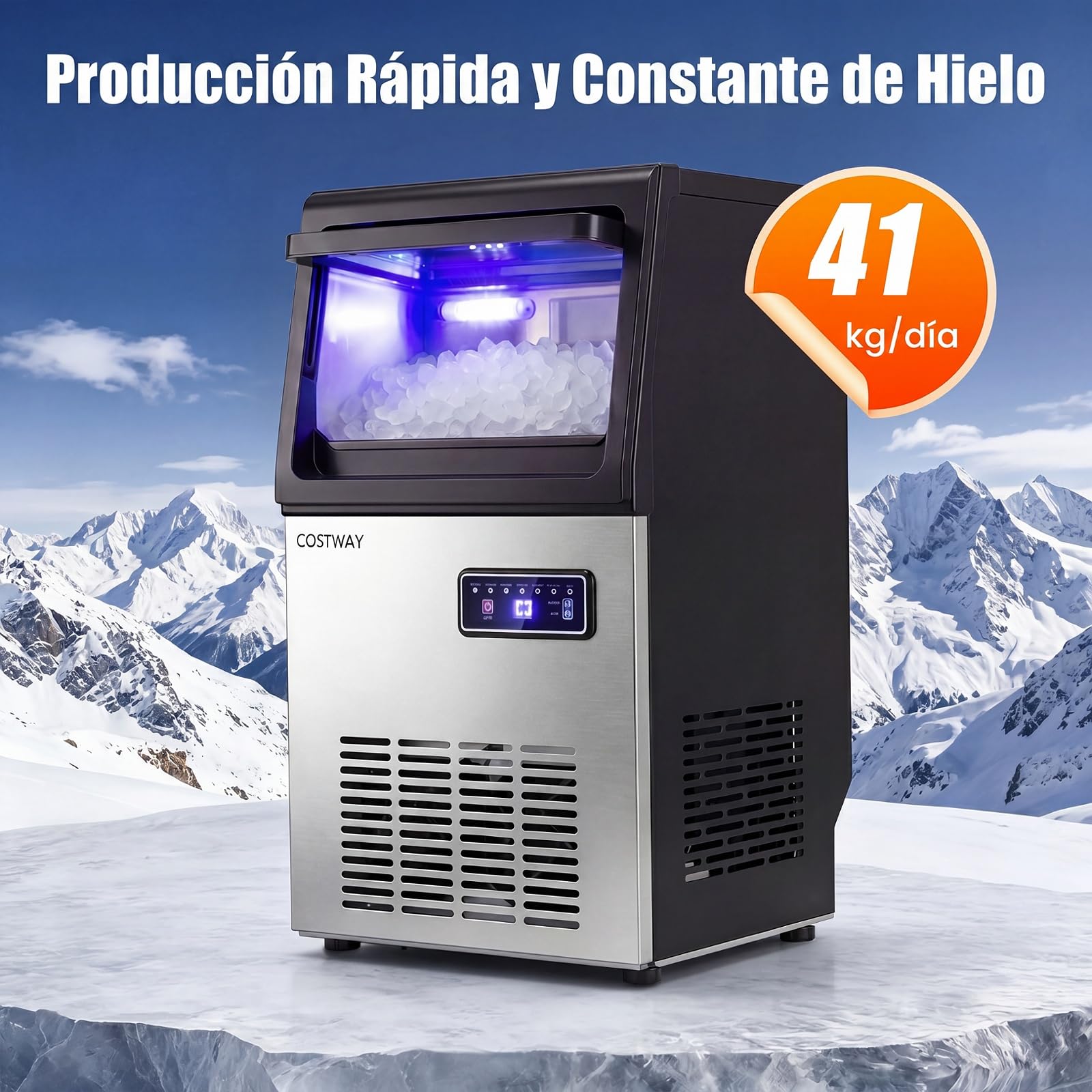 COSTWAY Máquina de Hielo Comercial, 41 kg/Día, Cubitos de Hielo Masticables | Ice Maker, Autolimpieza y Cuchara, Hielera de Acero Inoxidable para Cocina, Bar