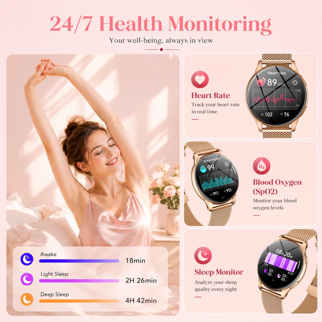 Orologio Smartwatch Donna con Chiamate Bluetooth: 1.32" AMOLED Smart Watch da Cardiofrequenzimetro Pressione Sanguigna Sonno Sport Contapassi Impermeabile IP68 Fitness Watches per Android e IOS