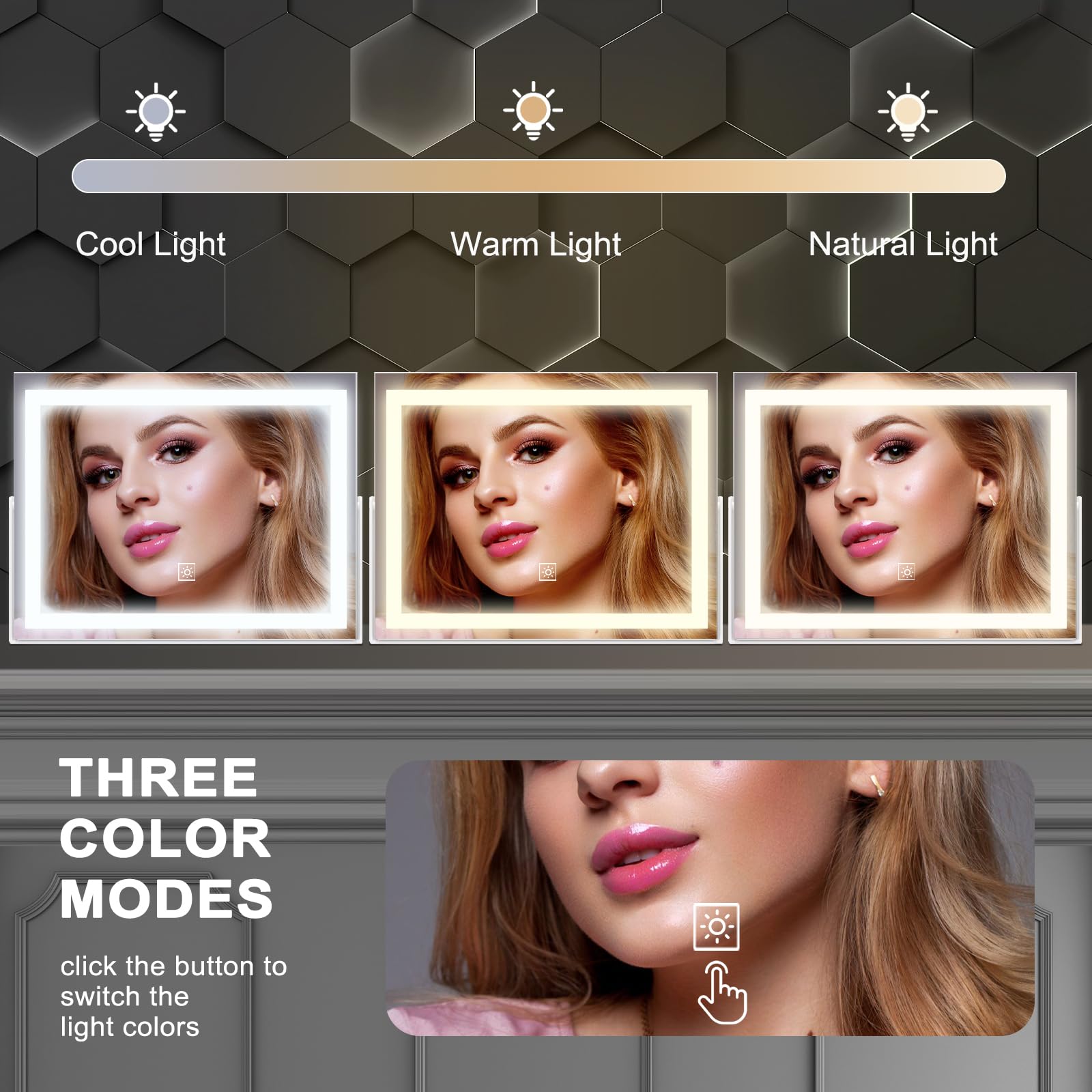 Specchio da trucco a LED da 35,5 cm con luci, grande cornice in metallo illuminato da tavolo con controllo touch dimmerabile a 3 colori, rotazione a 360°, per camera da letto