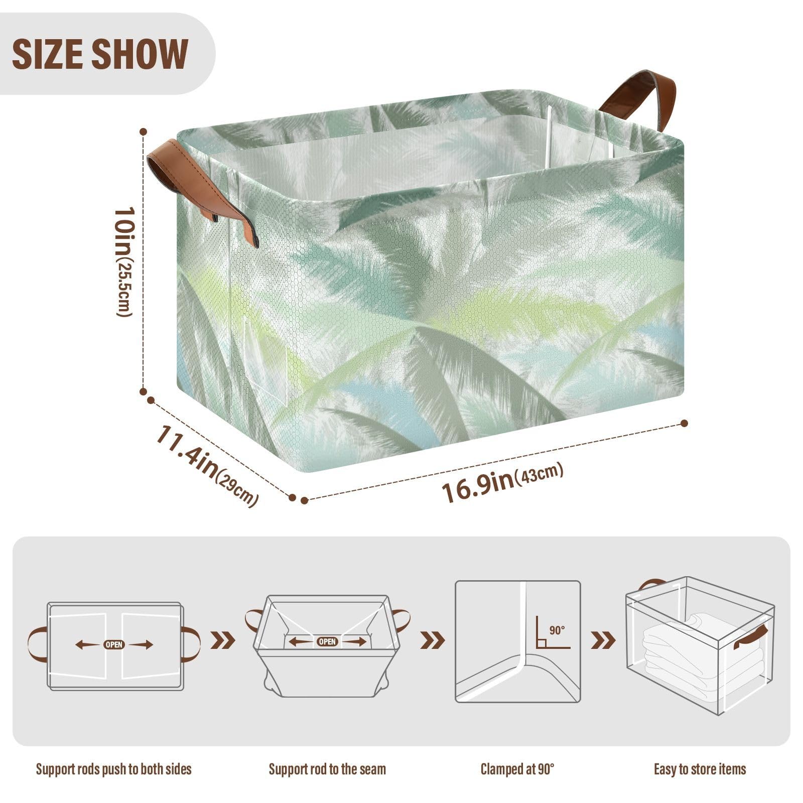 Floral Palm Tree Leaves Tropical Leaves in Grey Green Turquoise 1PC Rectangle Foldable Frame Basket Leather Handles Storage Bin for Laundry Bathroom Organizer M 16.9 x 11.4 x 10 inch