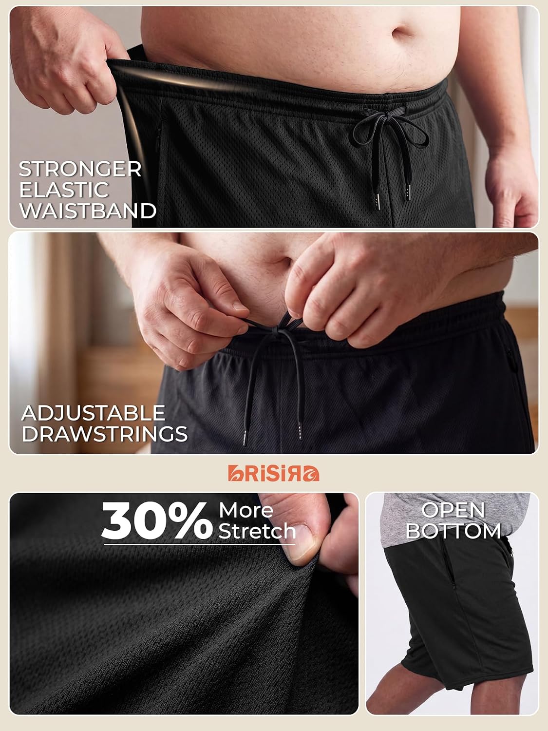 BRISIRA Big and Tall Basketball Shorts for Men, Gym Lightweight Athletic Soft Breathable Mesh Knit with Zipper Pockets, L-6XL