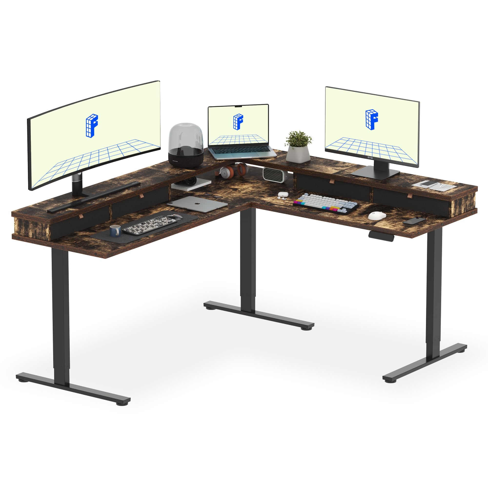 FLEXISPOT 71'' L Shaped Standing Desk Electric Corner Table with Shelf, 4 Storage Drawers, Adjustable Computer Workstation for Home, Office, Game, Studio, Rustic Brown Top + Black Frame