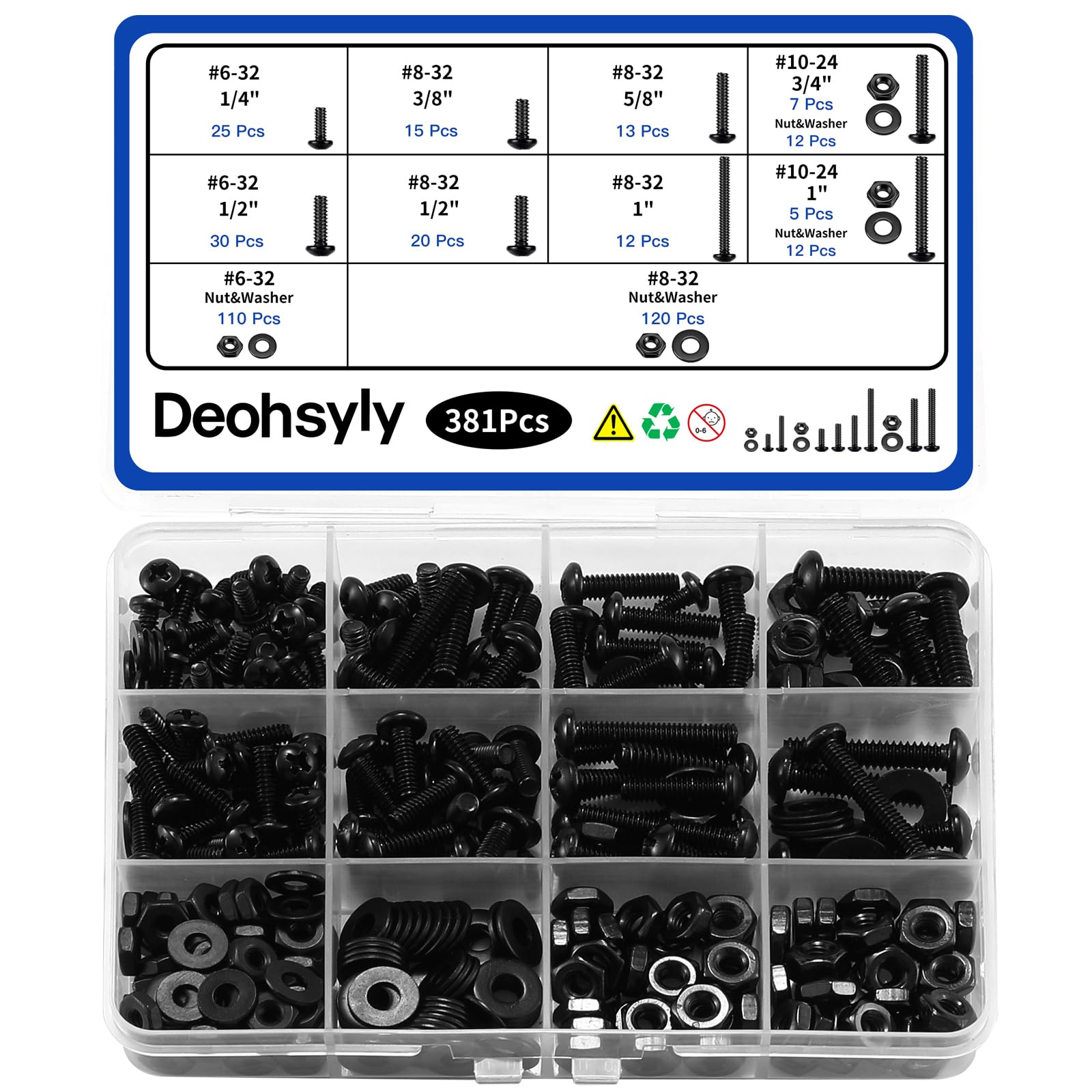 Photo 1 of Deohsyly 381Pcs Machine Screws Nuts and Bolts Assortment Kit, #6-32/#8-32/#10-24 Phillips Pan Head Assorted Black Oxide 304 Stainless Steel Bolts & Nuts & Flat Washers, with Case