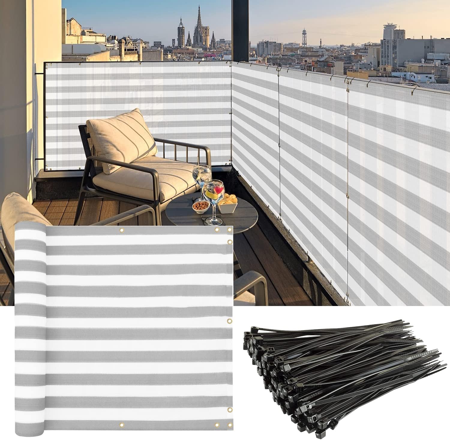 COARBOR Deck Balcony Privacy Screen with Zip Ties for Patio Yard Chain Link Dog Kennel Chicken Pool Fence Privacy Screen 3'x4' Grey and White Strips