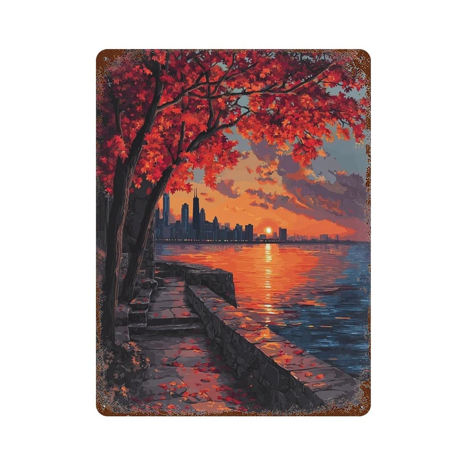 Autumn Sunset Cityscape Retro Metal Sign 15.7"x11.8", Old School Wall Decor for Garage, Pub Or Kitchen