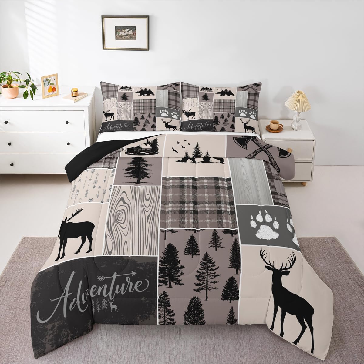 Erosebridal Rustic Patchwork Bedding Set Twin,Country Cabin Comforter Set for Kids Teens Adult Buffalo Plaid Comforter Bear Deer Duvet Insert Woodland