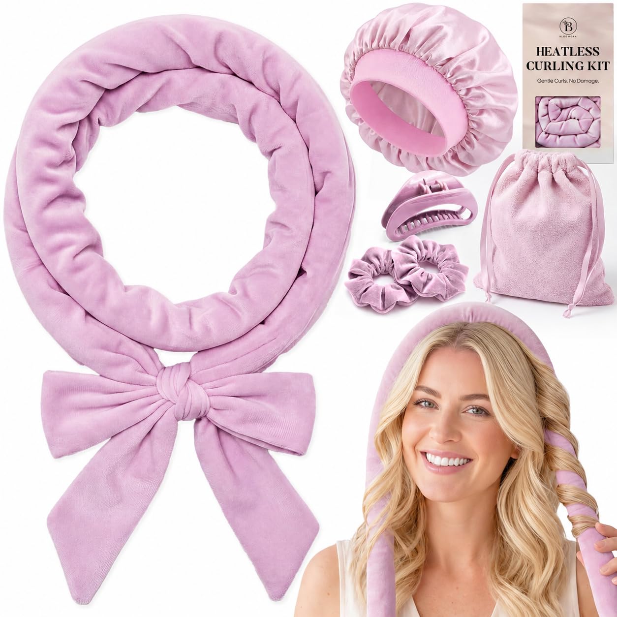 Kit Boucle Sans Chaleur – Boudin Cheveux pour Ondulations Sans Chaleur, Asta Velours 160 cm avec Accessoires pour Heatless Curls et Coiffage Doux pour Cheveux Sains, Or Rose