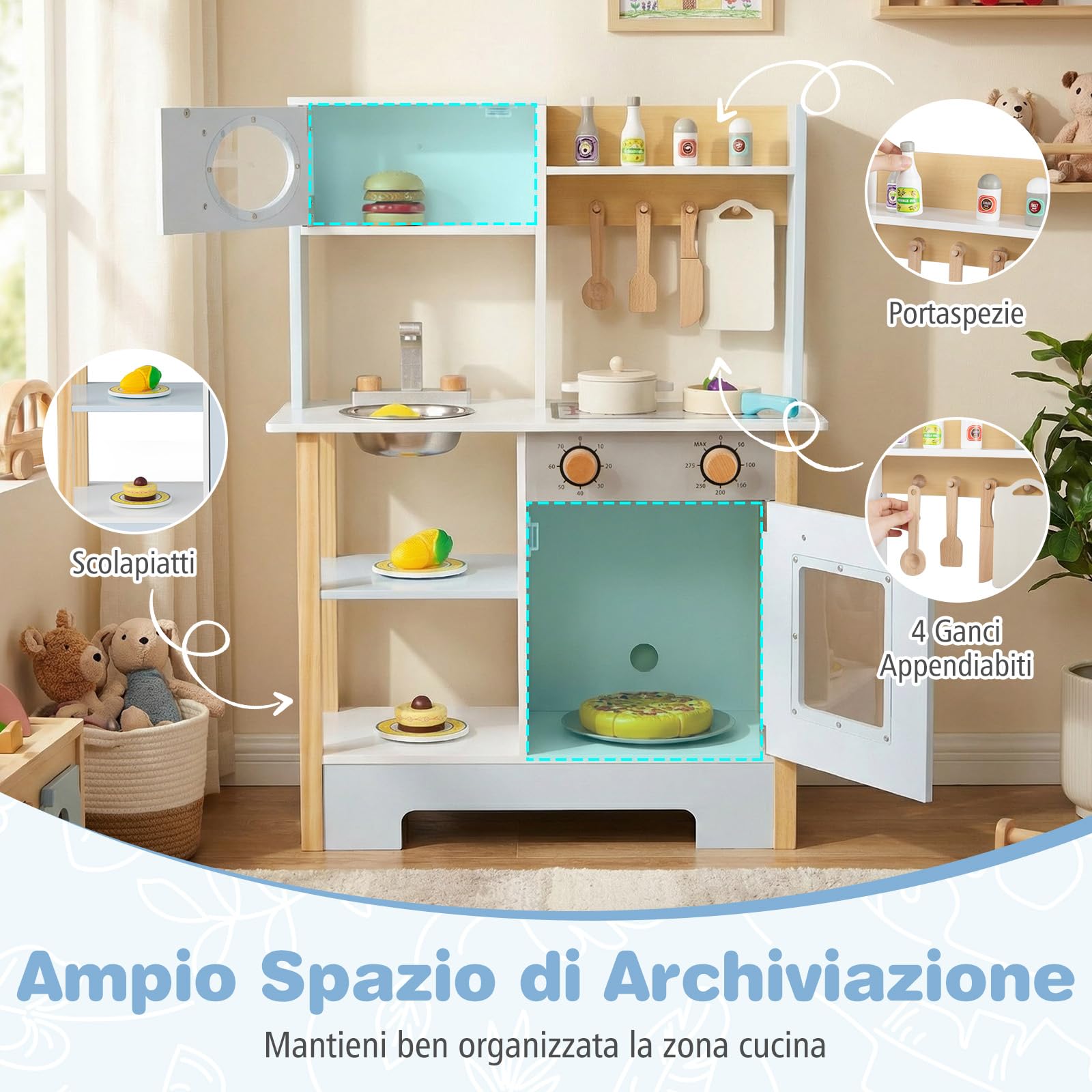 COSTWAY Cucina Giocattolo in Legno per Bambini, Set Cucina Gioco con Lavagna e Accessori Completi, Gioco di Finzione per Bambini 3+ Anni, 61,5 x 26 x 85 cm