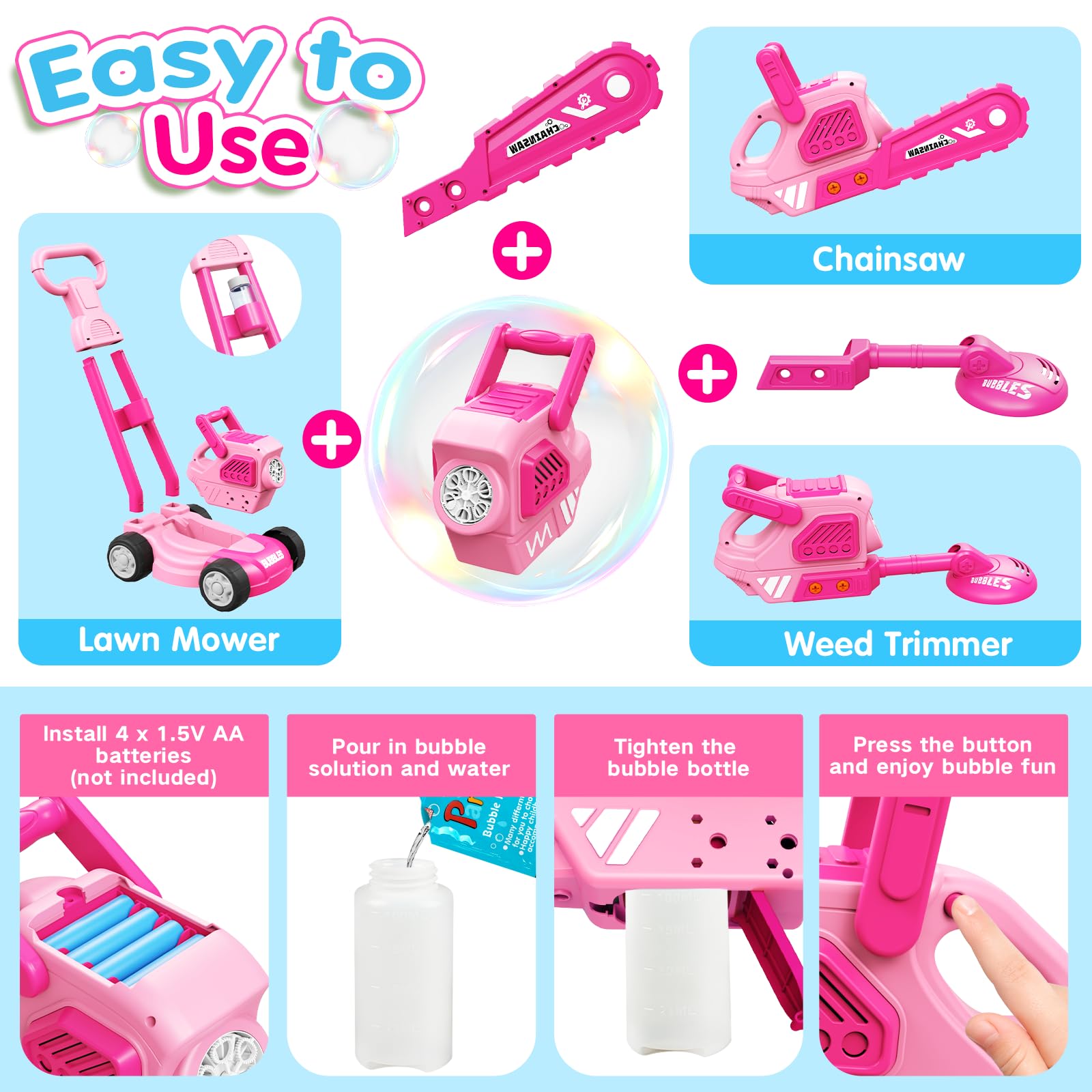 Bubble Lawn Mower for Kids, 3-in-1 Bubble Machine Blower with 10 Bubble Solution, Outdoor Push Toys for Toddlers Ages 3-8, Birthday Easter Summer Gift for Boys Girls 3 4 5 6 7 8 Year Old - 4