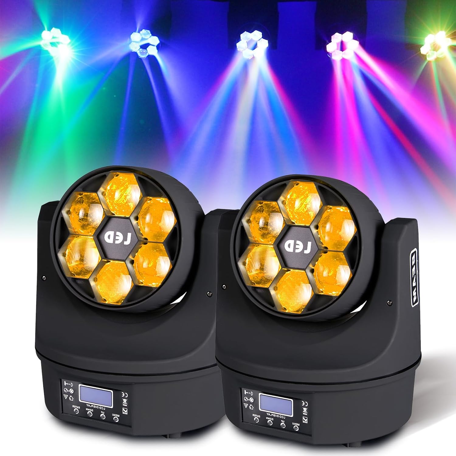 DJ Lights Moving Head 6x15W RGBW 4-in-1 Stage Light – Bee Eye Mini Wash Lighting, DMX512 & Sound-Active for Disco, Club, KTV, Wedding, Party 2-Pack