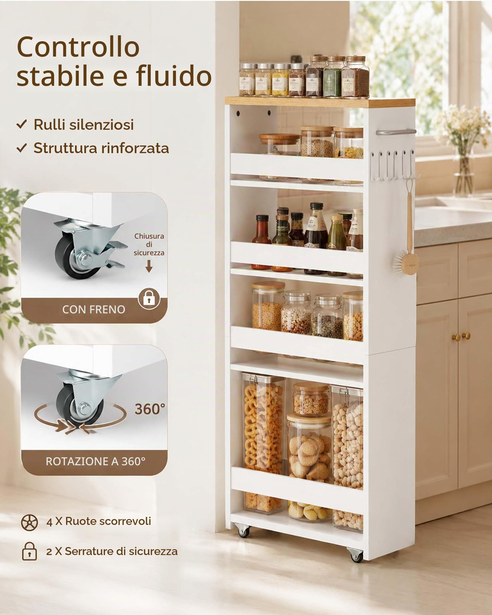Carrello Portatutto Stretto Bianco da Cucina 5 Ripiani 40×22×108cm | Quattro ruote, due con freno, facilitano lo spostamento; la maniglia laterale e i ganci offrono spazio aggiuntivo.