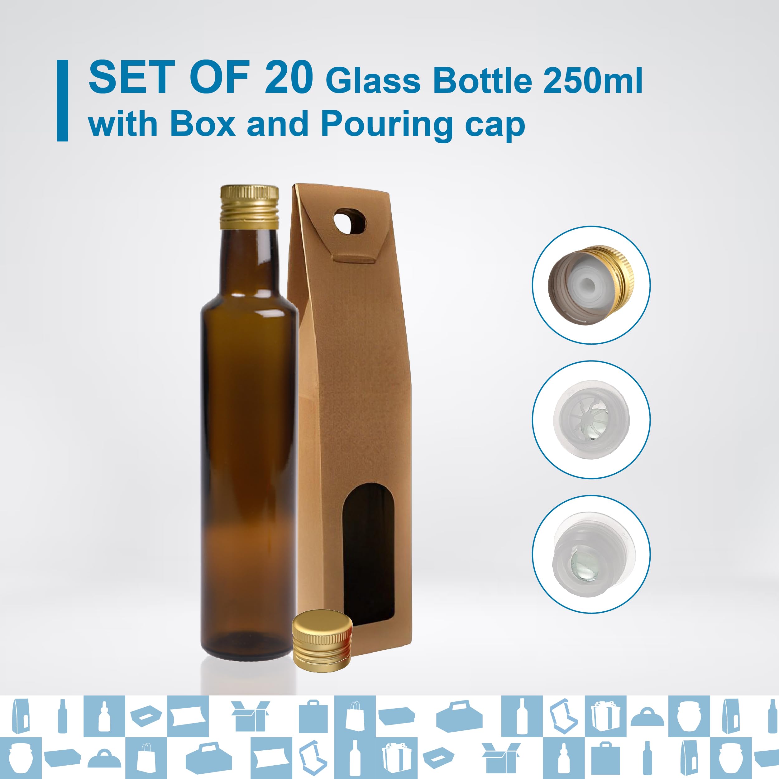 Espirito Rebelde 20 Flaschen aus dunklem Glas, 250 ml, mit goldfarbenem Schraubverschluss mit Ausgießer + 20 Dosen | Olivenöl, Essig, Alkohol, Saucen | Ölflasche