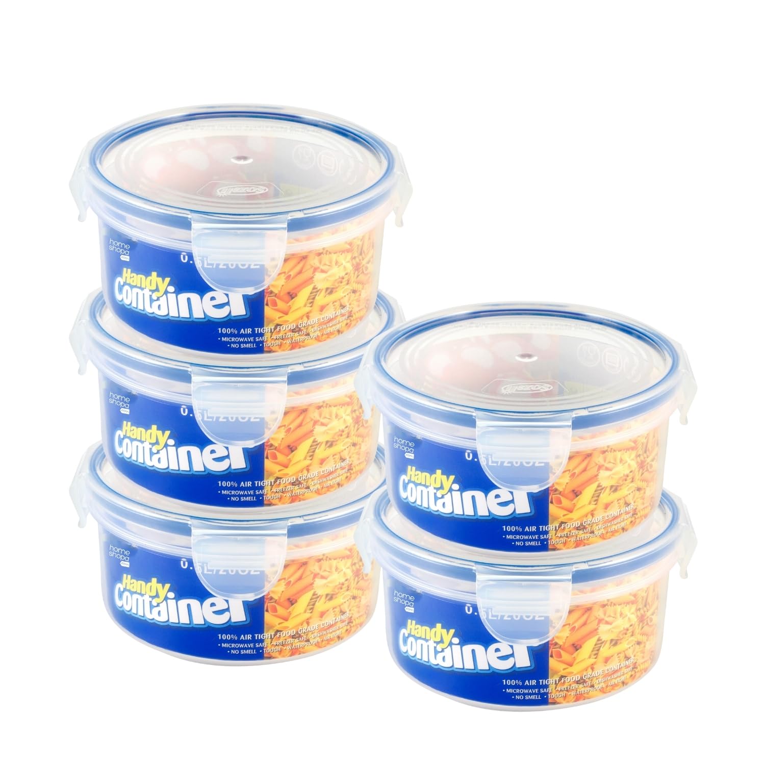 HOMESHOPA Plastic Food Storage Container, 600 ml 5 Pack Clip-Lock Lid, Round Airtight Leakproof Stackable Container, BPA Free Reusable Meal Prep Lunch Box, Microwave Freezer & Dishwasher Safe