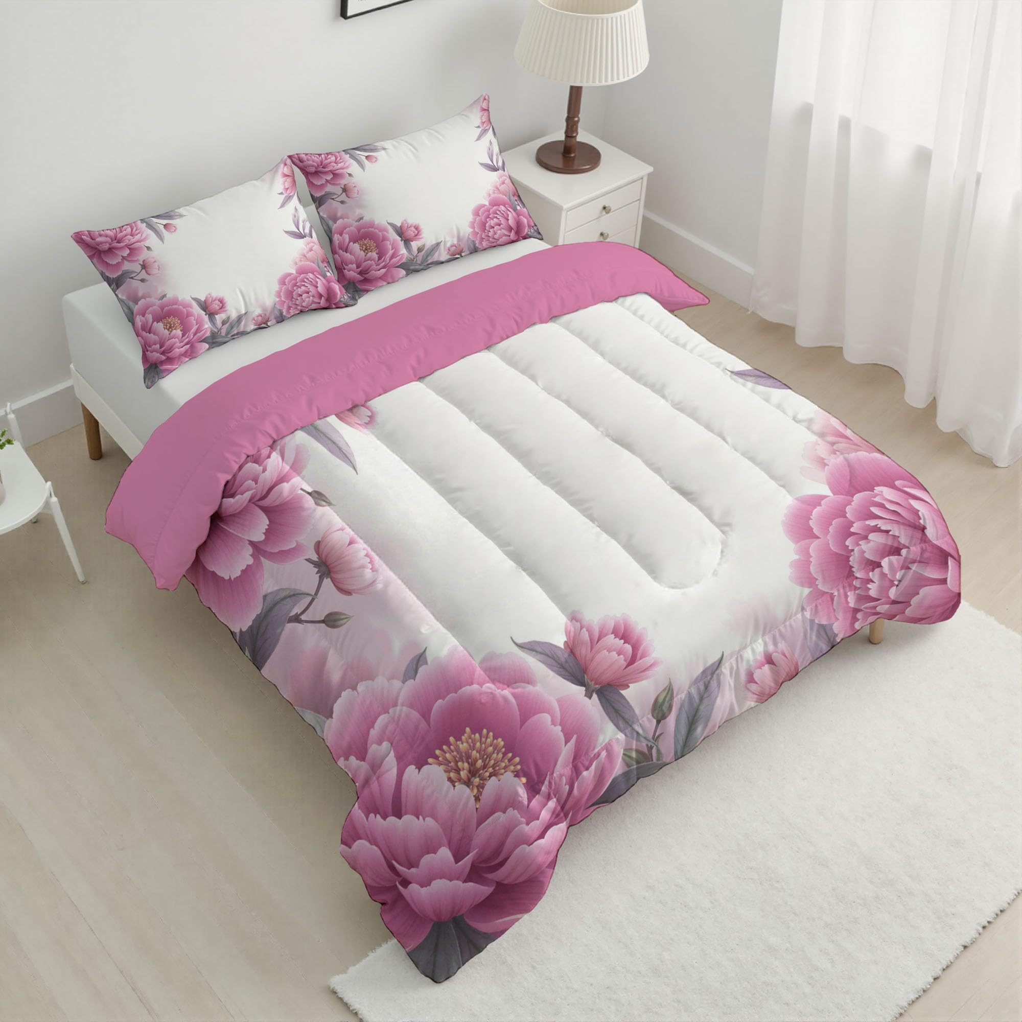 Couette Réversible Bordure De Pivoines pour lit 2 Personnes Couette sans Housse Fleurs À L'Aquarelle Ultra Douce Lavable en Machine avec Taies d'Oreiller pour Toutes Saisons, Violet, 260x230cm