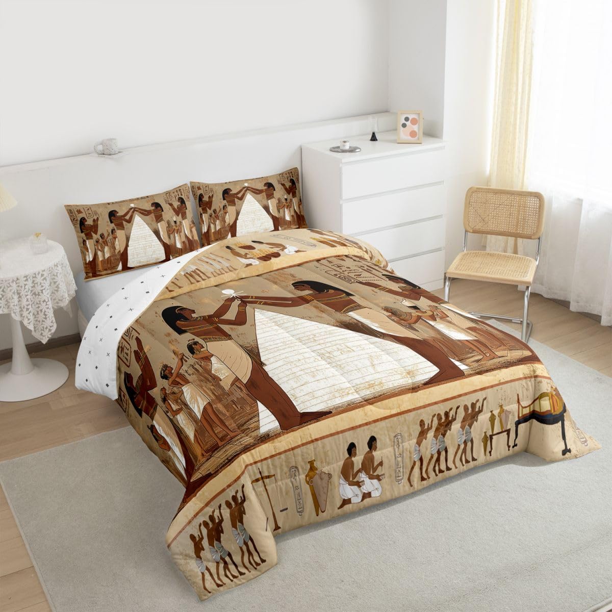 Feelyou Ancient Egypt Comforter Set Soft Kids Retro Egypt Culture Bedding Set Vintage Egyptian Decor Quilted Duvet Bed Set with Comforter for Girls Boys (Full, 3 Pieces) Boys