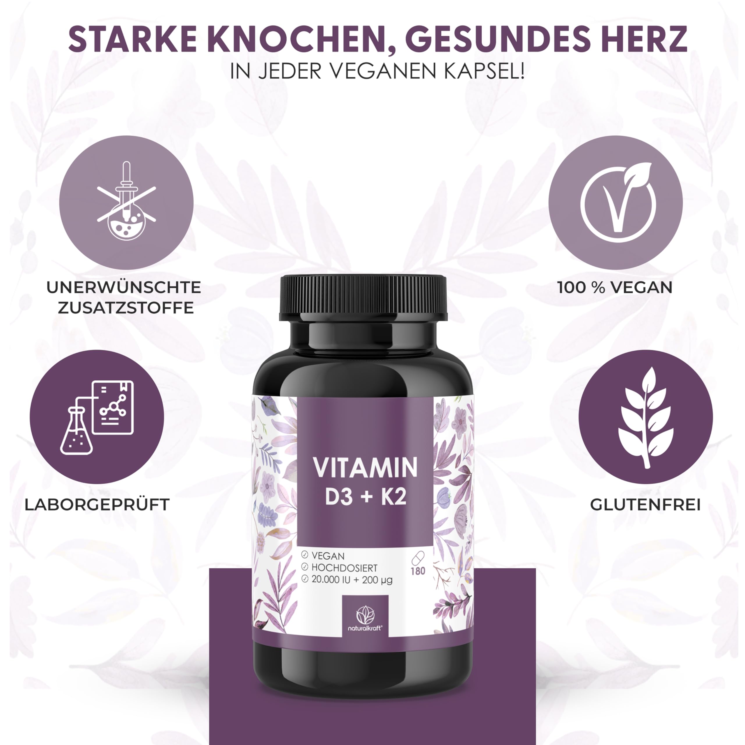 Premium Vitamin D3 + K2-20.000 I.E. + 200 µg – 180 vegane Kapseln – Hochdosiert – Deutsche Markenqualität