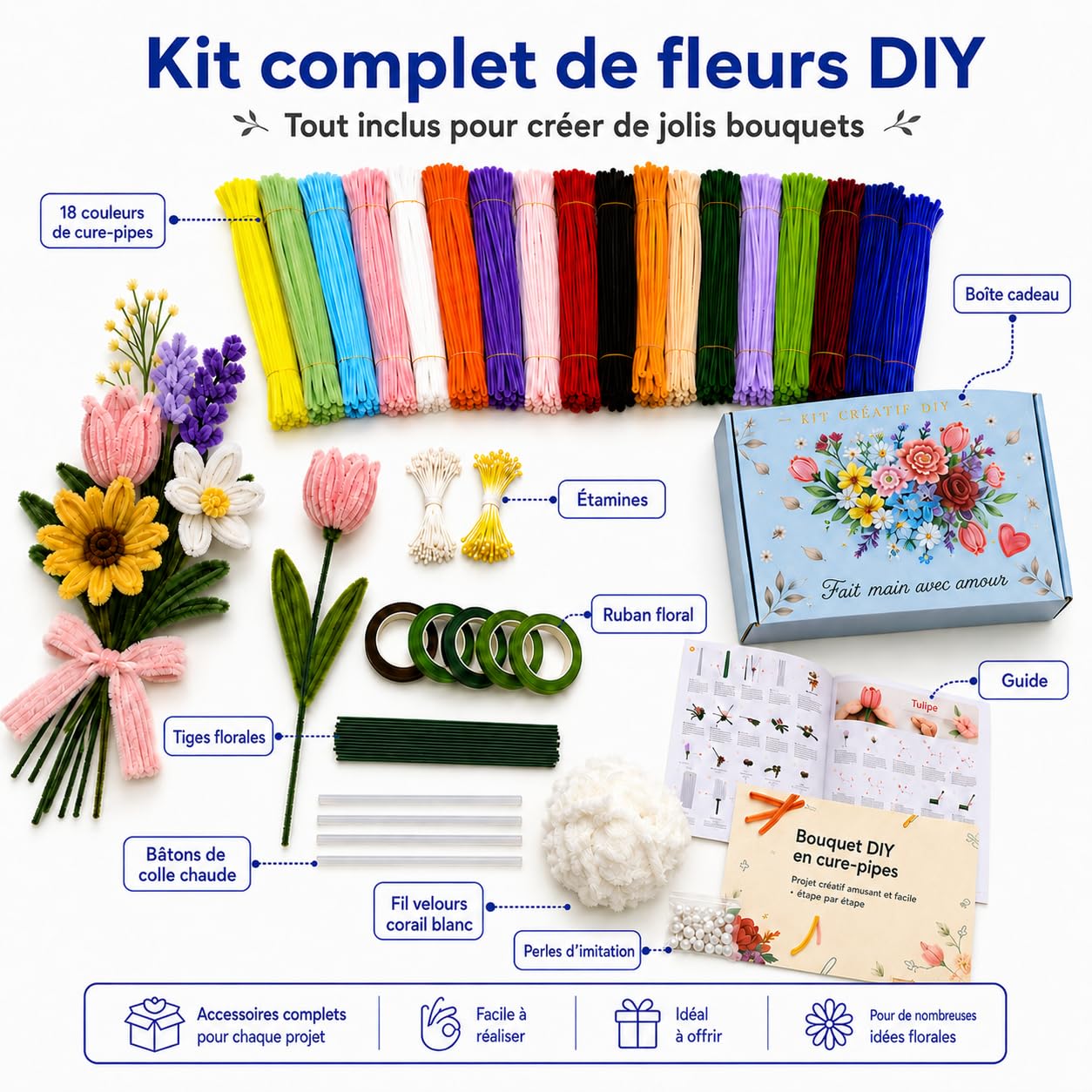 ELESKY Kit Fleurs en Fil Chenille 1000 Pièces, Cure-Pipes DIY