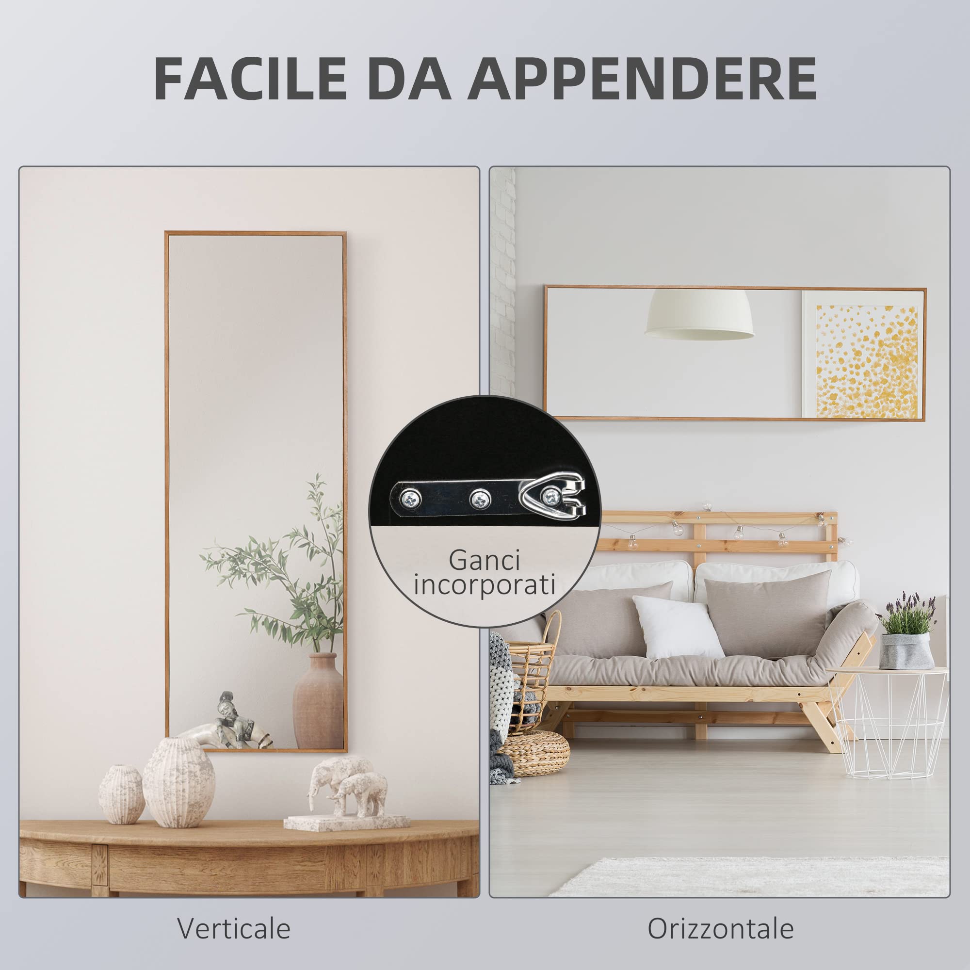 HOMCOM Specchio da Parete e da Appoggio 45x125cm Legno Naturale | Legno di Pino, Ganci inclusi