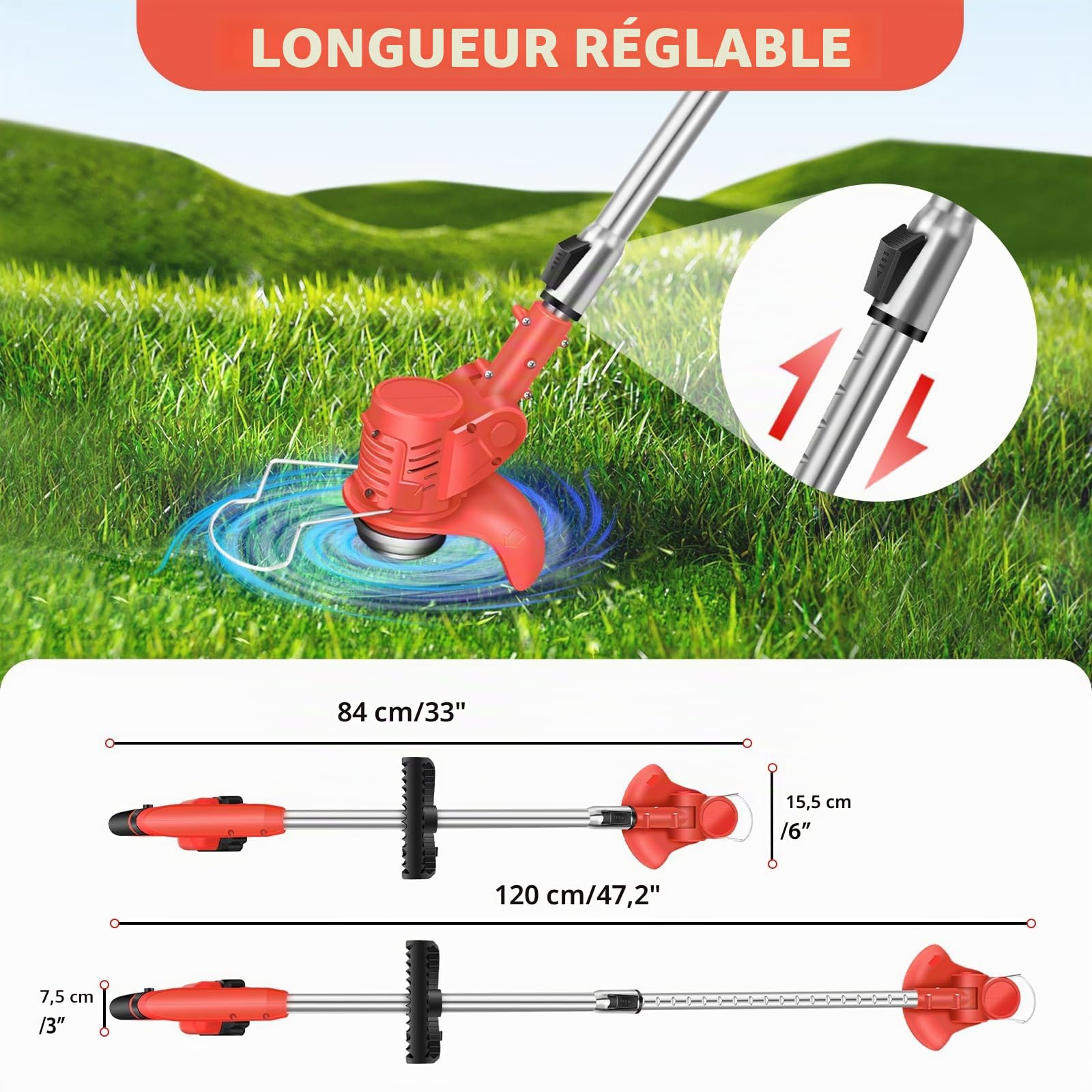 Débroussailleuse électrique pour jardin et pelouse, coupe-herbes robuste sans fil avec 2 batteries, rouge