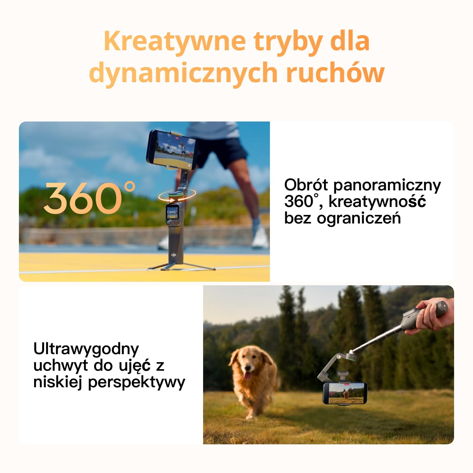 Osmo Mobile 8P, gimbal, stabilizator do iPhone’a i Androida, moduł śledzenia, pilot, natywne śledzenie, wysięgnik, statyw, bateria 10h, stabilizacja 3-osiowa, gimbal do telefonu