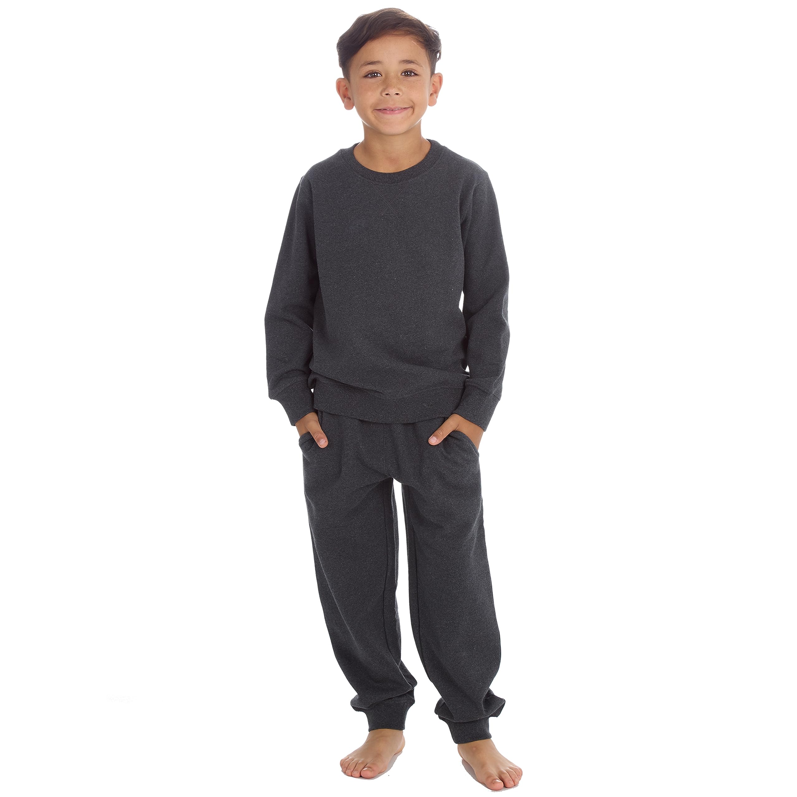 Metzuyan Kids Boys Plain Tracksuit Pullover Crew Neck Joggers Cotton Rich Sweat Set Dark Grey 13 Years