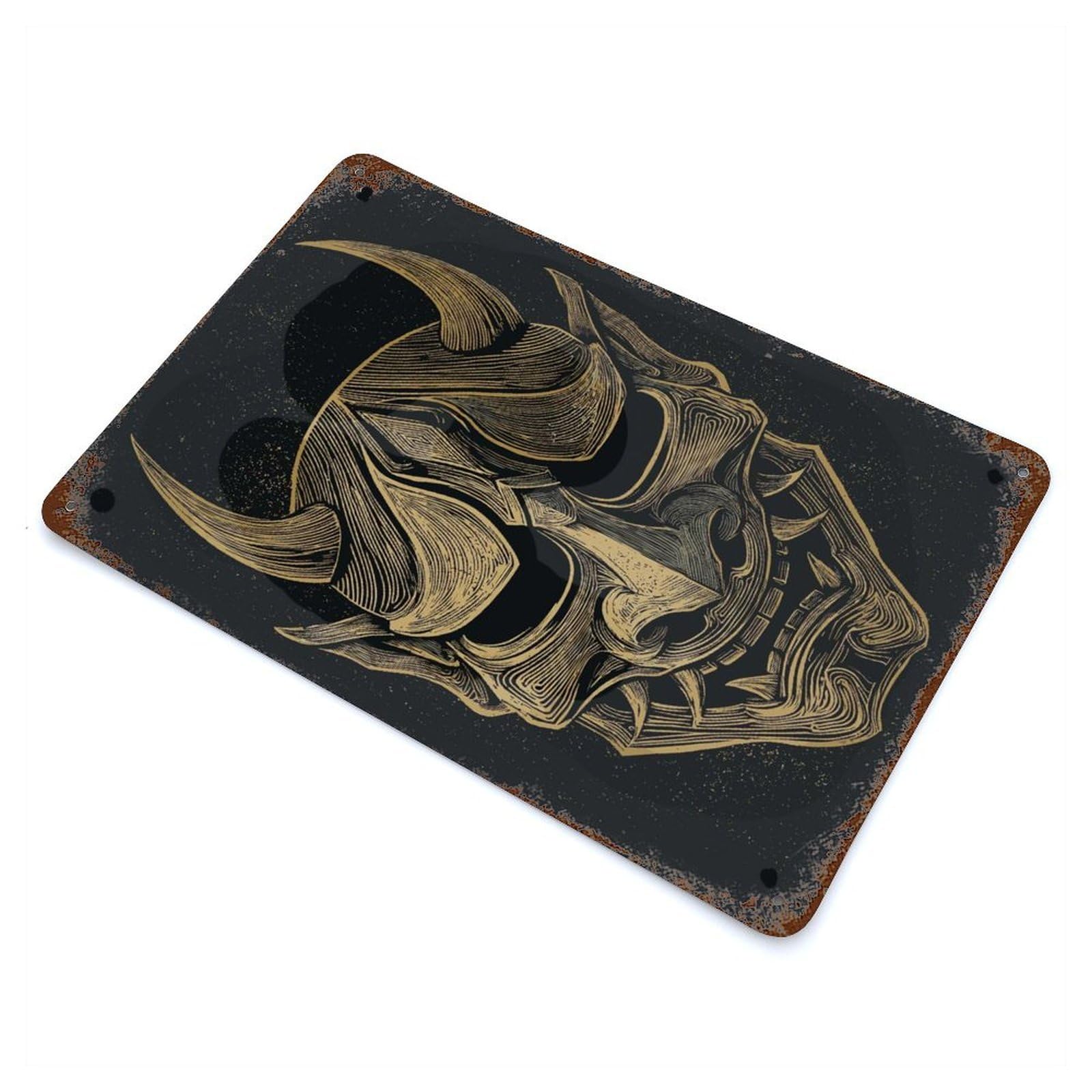 Garage Style Detailed Oni Mask Illustration Rust Effect Tin Sign 11.8"x7.9", Vintage Wall Decor for Bar And Workshop