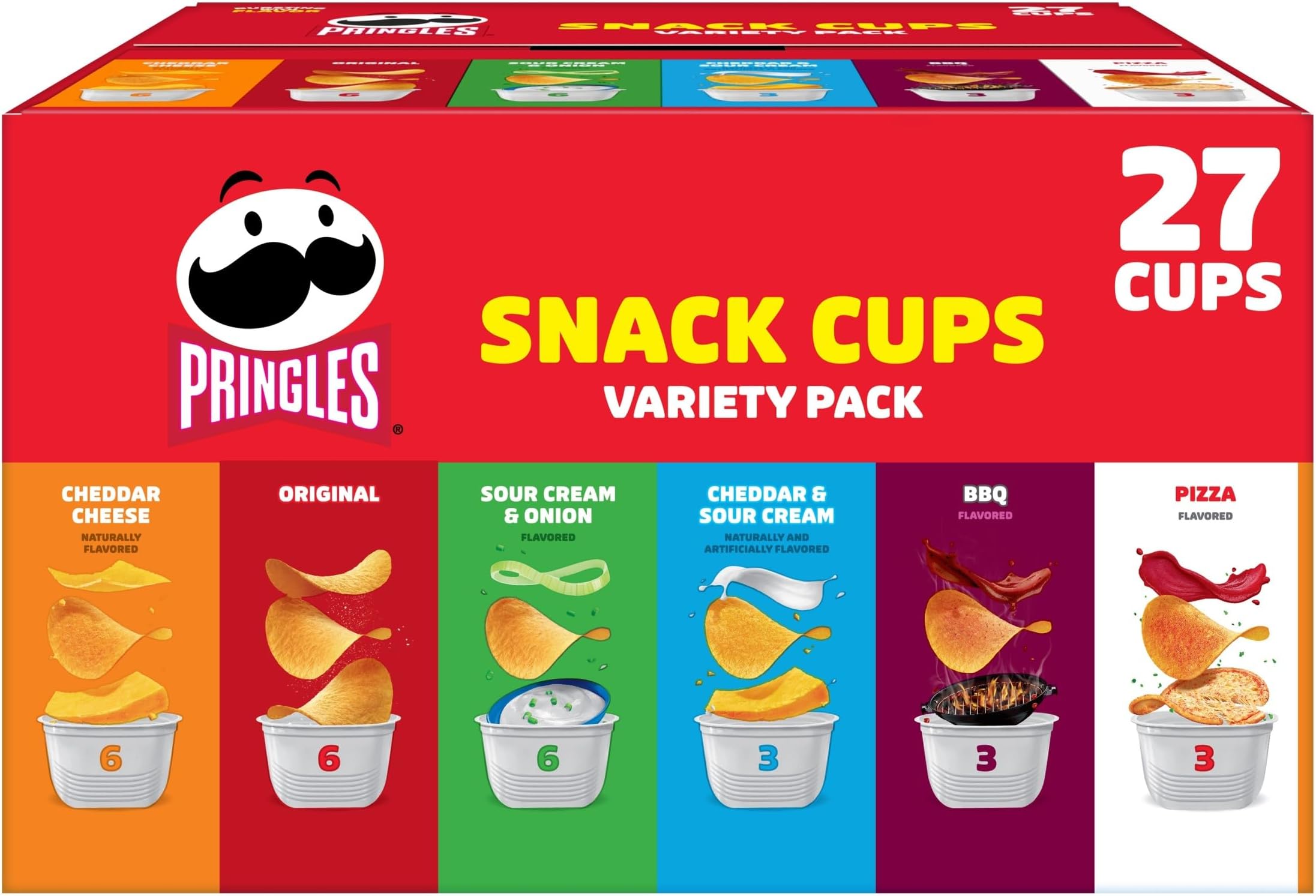 Pringles Snack Stacks Potato Crisps Chips, Flavored Variety Pack, Original, Sour Cream and Onion, Cheddar Cheese, BBQ, Pizza, Cheddar and Sour Cream, 19.5 oz (27 Cups)