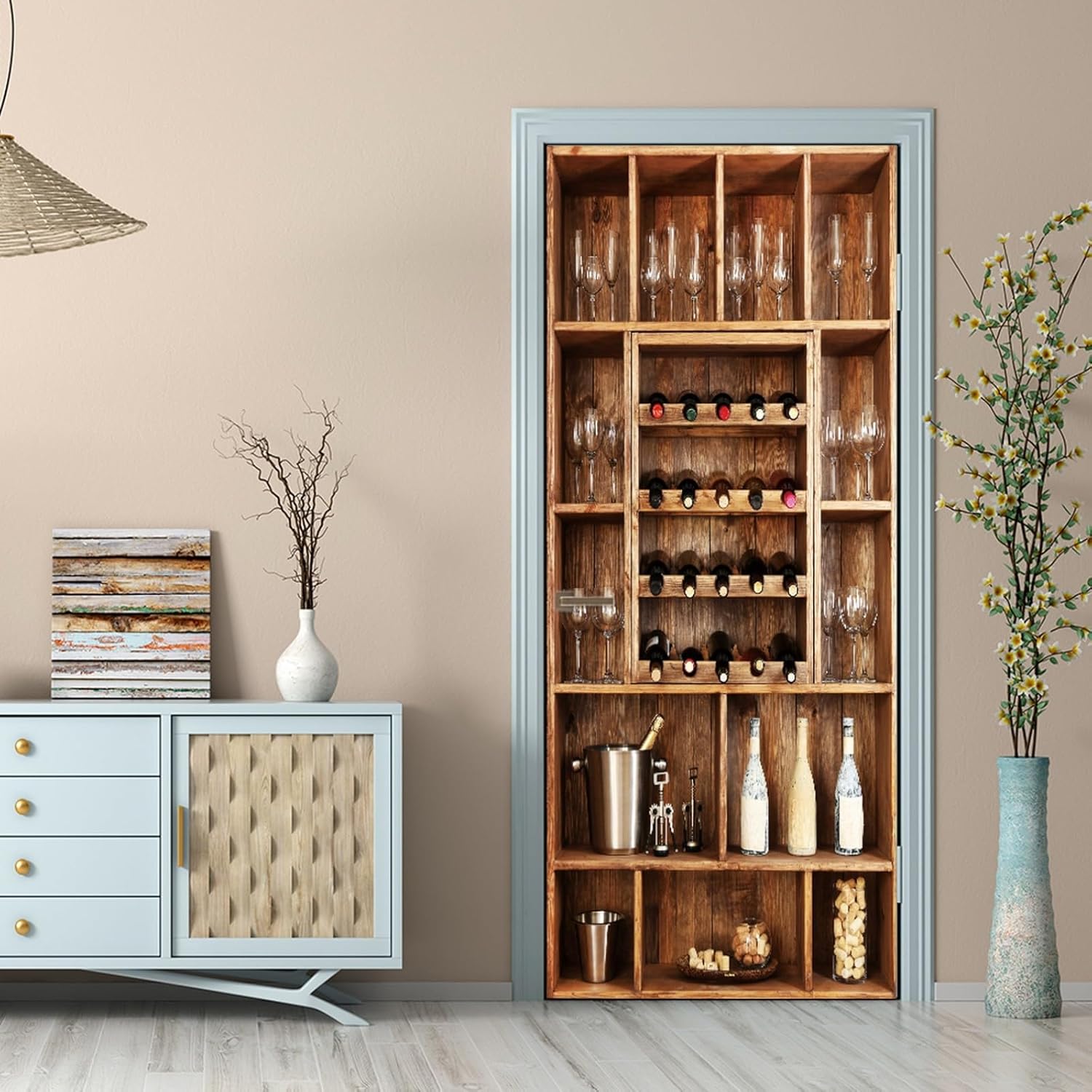 A.Monamour 3D Door Stickers for Interior Doors Wine Bottles with Glasses On Wooden Shelf in The Wall Vinyl Waterproof Self Adhesive Door Mural Decals for Bedroom Office Bathroom 85 x 200cm