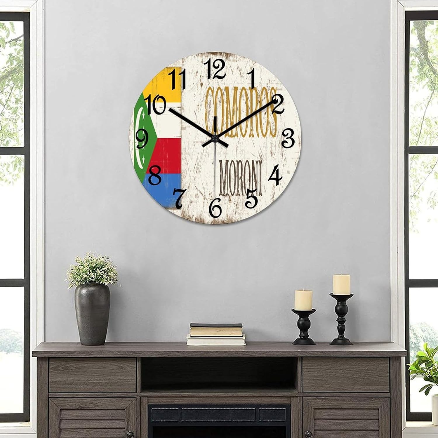 Comoros National Flag Round PVC Wall Clock Comoros Moroni Quiet Silent Wall Clock Aesthetic Decorative Clock for School Kitchen Office Wall Hanging 15 Inch