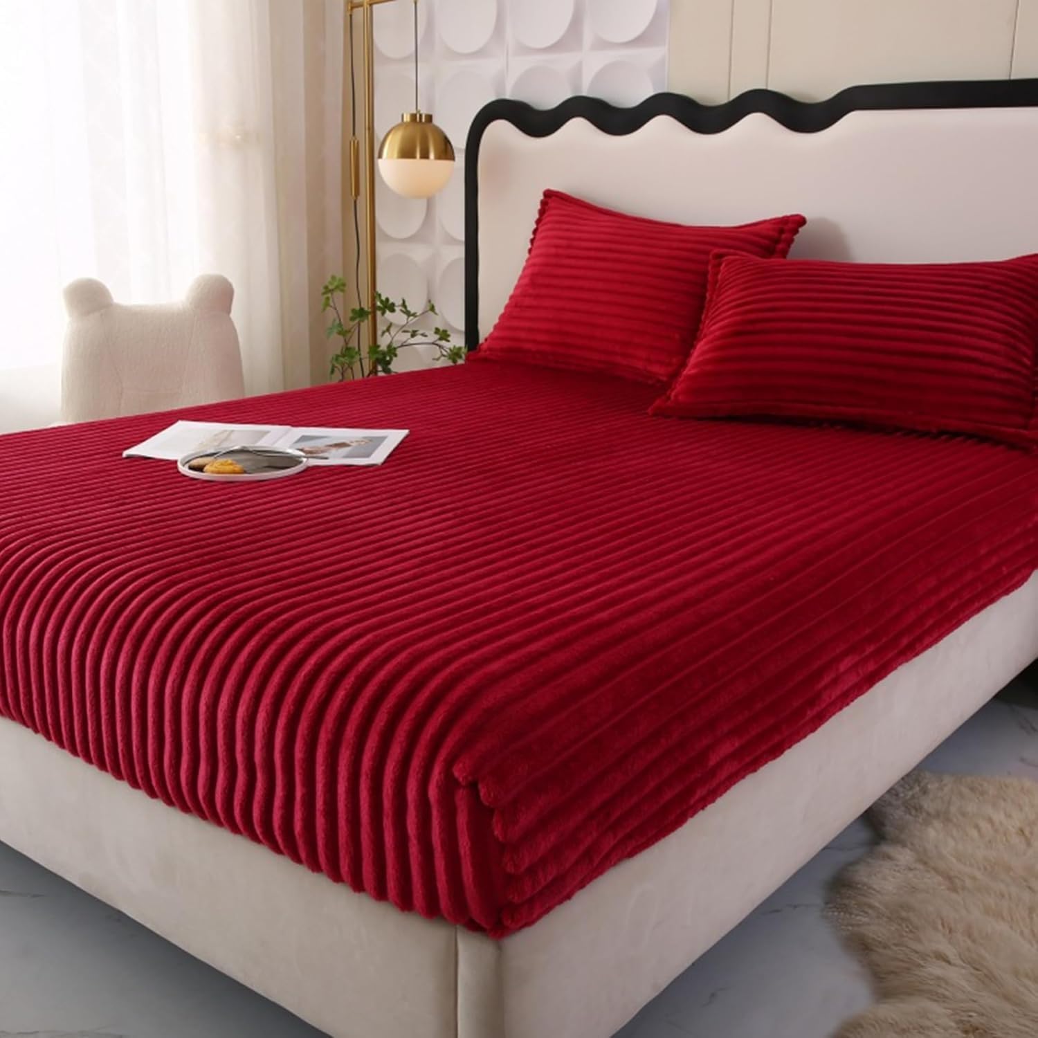 Sábana Ajustable de Felpa Invierno 180x200 - Funda de Colchón de Franela Suave y Cálida, Sábana Bajera de Piel de Melocotón con Bolsillo Profundo 30cm para Cama(Red,Full 54"x75")
