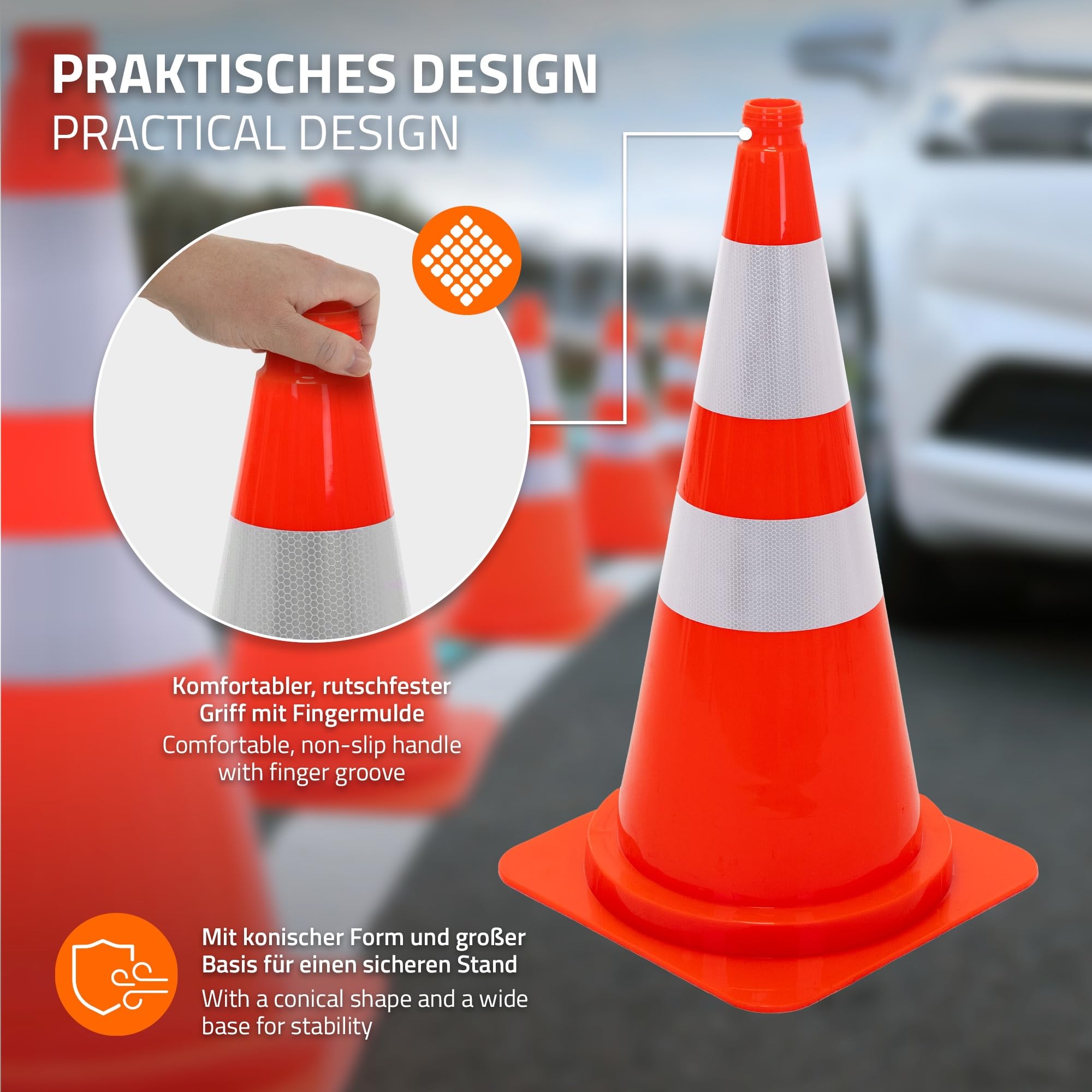 ECD Germany 3x Conos de Señalización 75 cm, Pilón de Tráfico Apliable Naranja con 2 Bandas Reflectantes y Muesca para el Dedo, Pieza Robusta para Advertencia de Seguridad, Emergencia, Entrenamiento