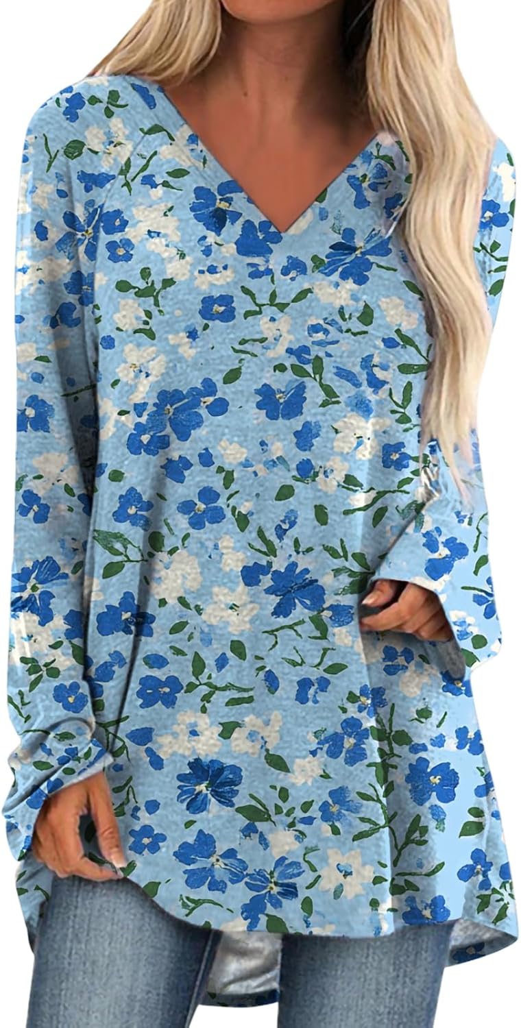 Tunic Tops for Women Dress Long Sleeve Boho Soft V Neck Plus Size Fall Casual Loose Fit Novelty Oversized Tee