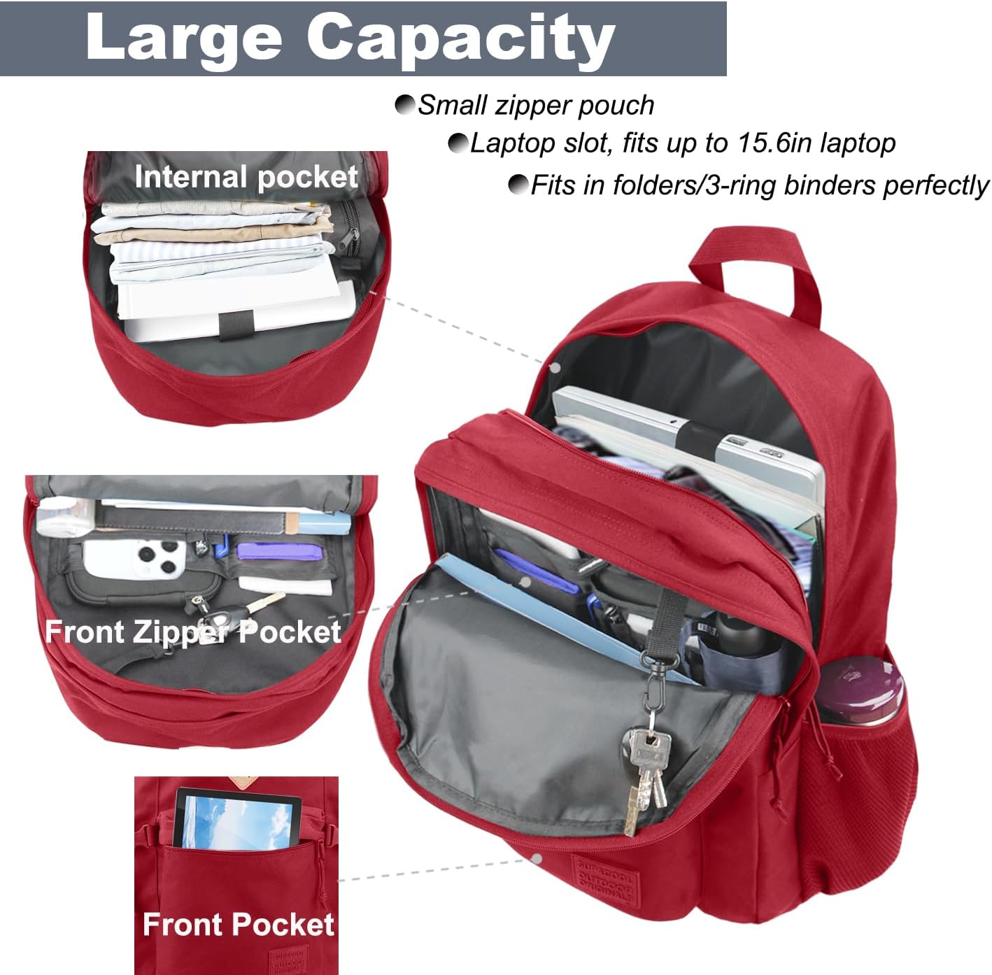SUPACOOL Casual Backpack For School, Classical Travel Backpack for Men and Women, Bookbag for Boys, Girls and Kids, Laptop Compartment(Red)
