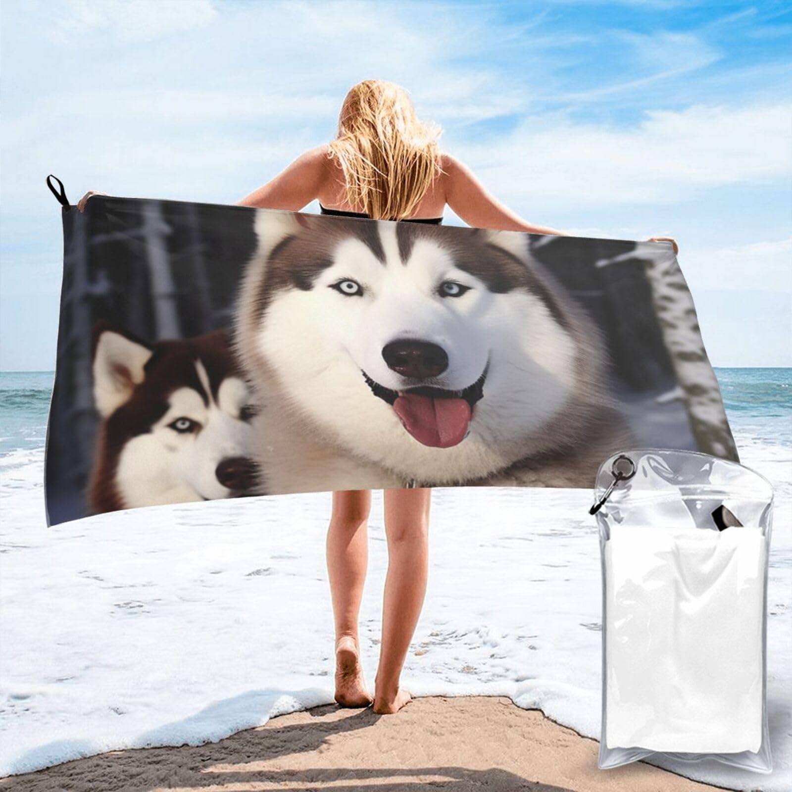 DWVTSLH Microfiber Sand Free Beach Towel 27.5"x55", Quick Dry Absorbent Travel Towel Large Camping Blanket, Huskies Bath Towels Lightweight Pool Swim Towels for Vacation Essentials