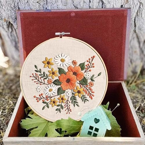Miniatura 7 de Arte Vita Kit de iniciación de bordado, patrón de flores naranjas, gama completa, juego de puntadas de mano para principiantes, incluye tela
