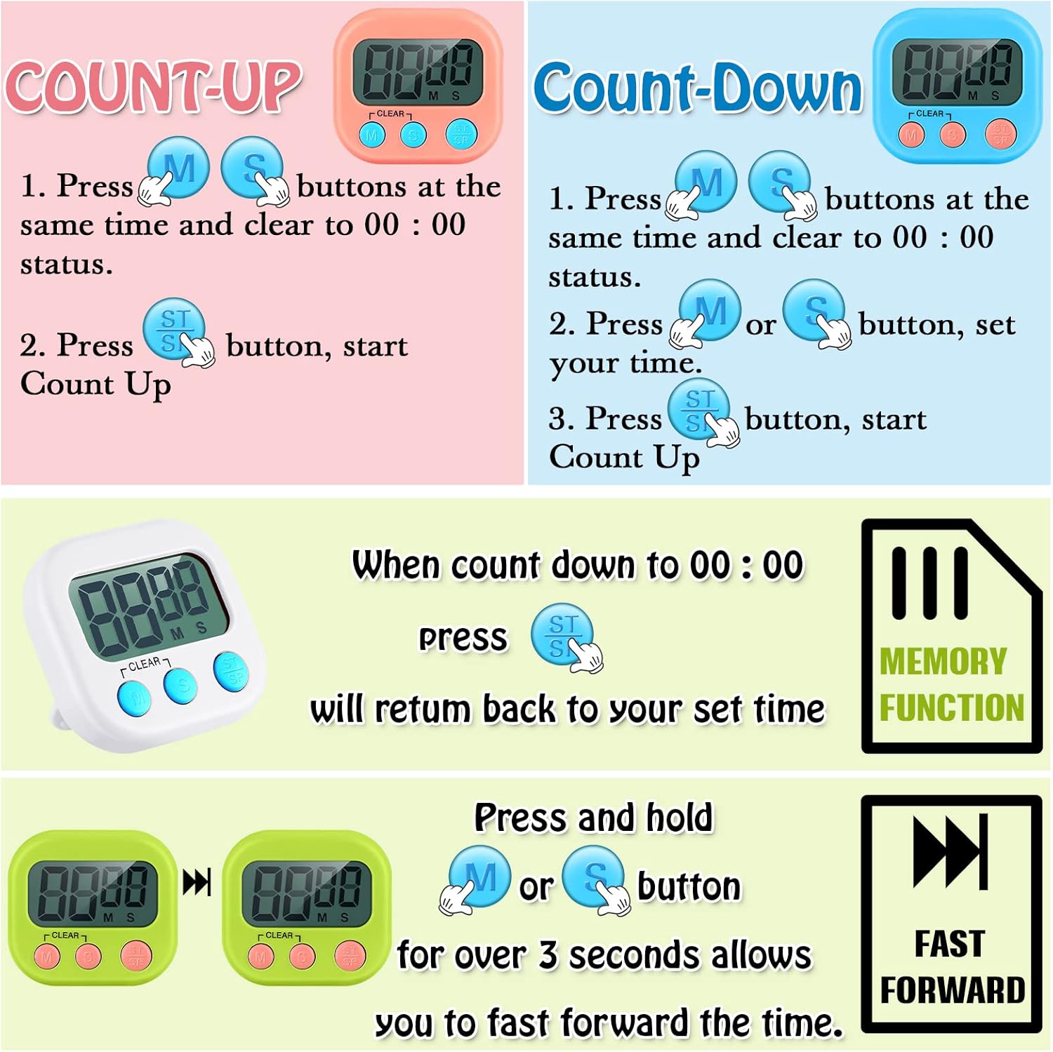 Xuhal 50 Pieces Digital Kitchen Timer Bulk, Small Magnetic Timers for Classroom, Digits Stopwatch Clock Timer for Cooking Baking Sports Games Office, Not Including Battery (Multicolor)