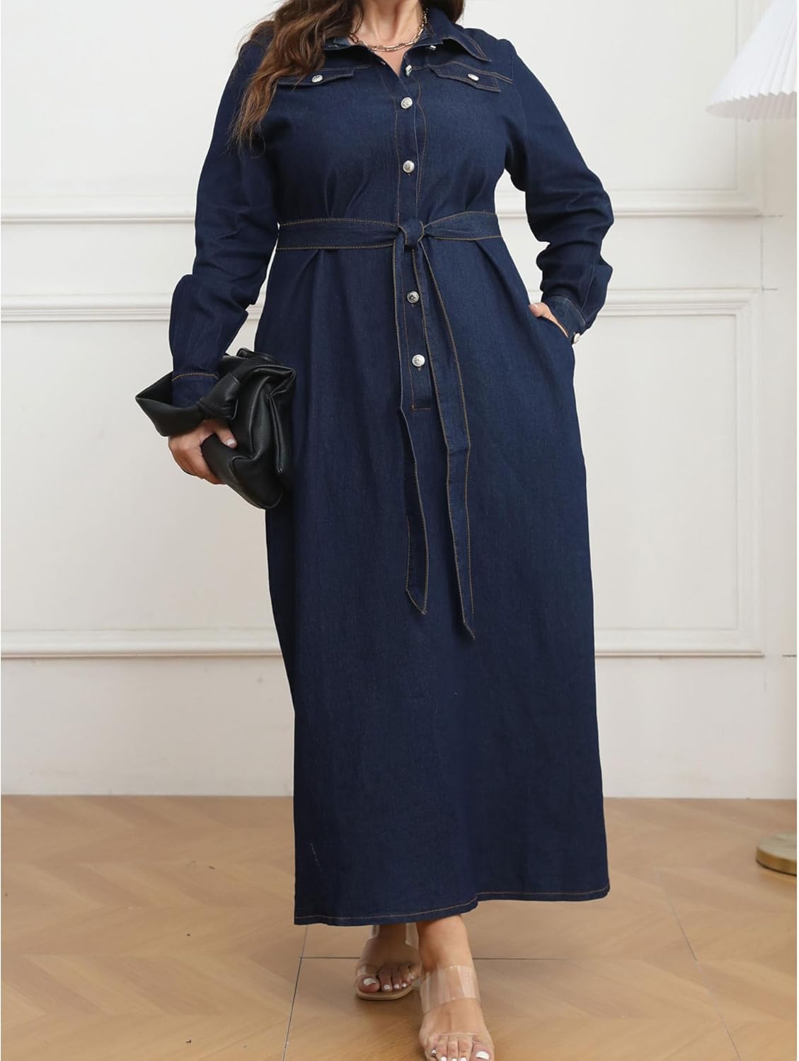 Sexyshine Women's Long Sleeve Full Button Closure Denim Dress Lapel V Neck A Line Plus Size Fall Jeans Maxi Dresses