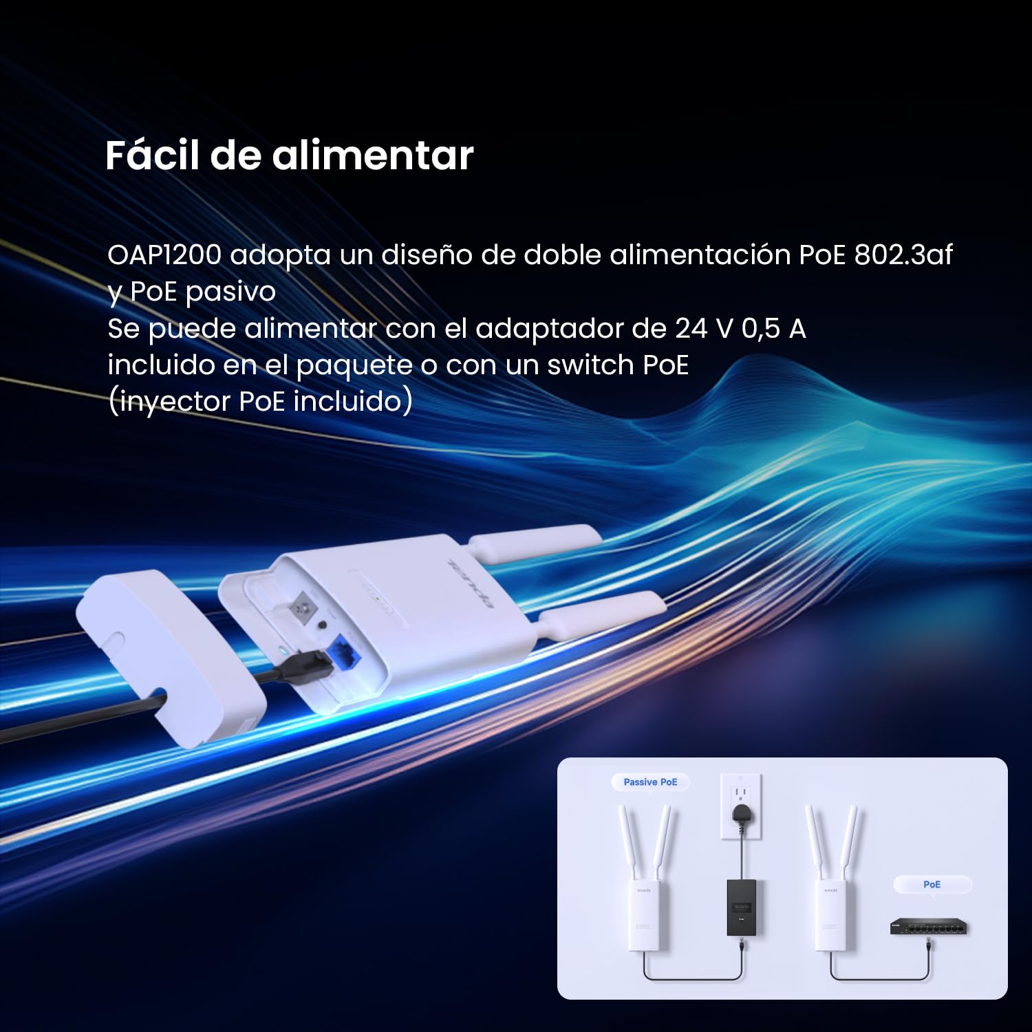Tenda OAP1200 AC1200 Punto de Acceso Inalámbrico Gigabit para Exteriores, Doble Banda, Soporta PoE 802.3at/PoE Pasivo, Montaje en Pared/Poste, IP65 Resistente al Agua, MU-MIMO, Modos Ap/Repetidor
