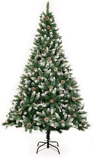 GIGALUMI 1.8m/6ft Fold-Out Artificial Christmas Tree Retractable Xmas Tree with snow and real pine cones Indoor Decoration Pine Tree