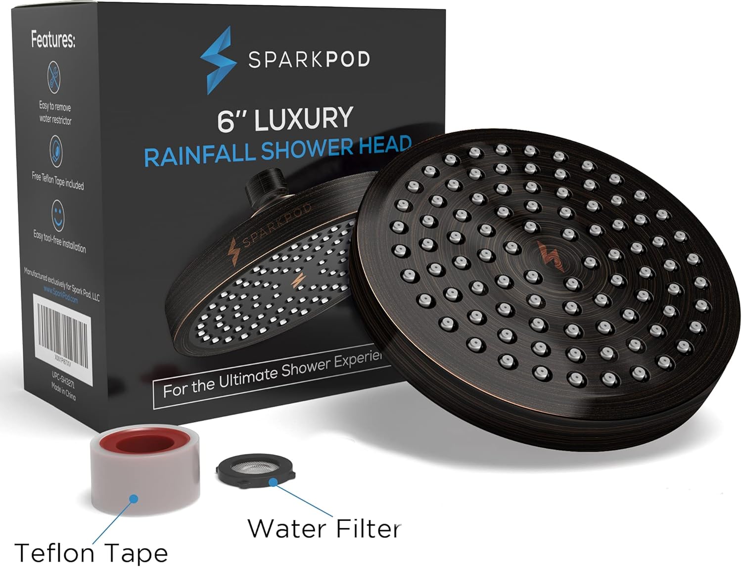 SparkPod Shower Head - High Pressure Rain - Premium Quality Luxury Design - Easy Clean Adjustable Replacement for Your Bathroom Shower Heads (Vintage Oil Rubbed Bronze, 6 Inch Round)