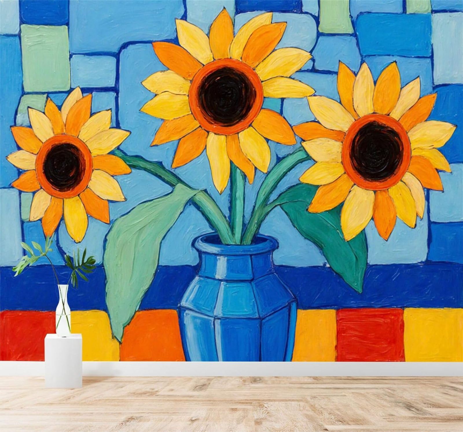 XLMING Blue Vase Colourful Sunflowers Abstract Multicoloured Geometric 3D Wallpaper Silky Texture Home Study Office Grey Dining Room Sofa Bedroom Living Room TV Backdrop-300cm×210cm