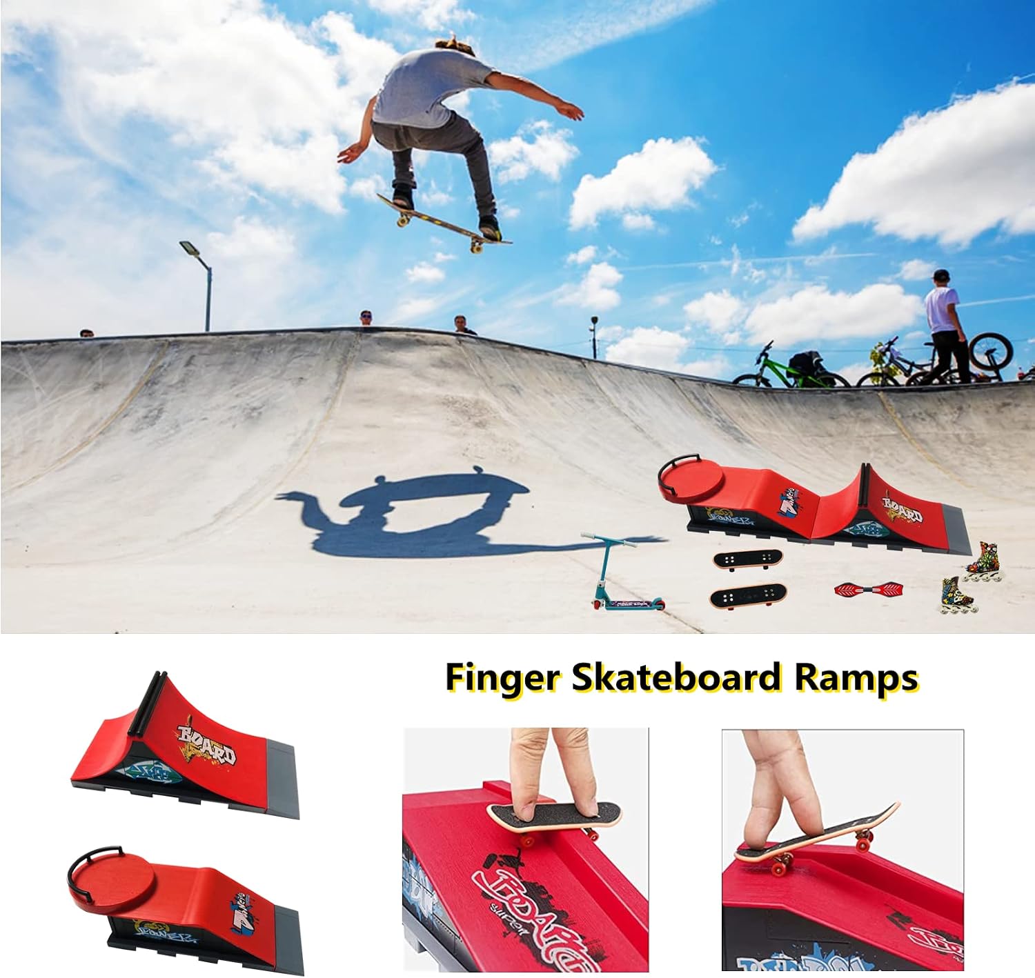 Kid's Dream 2-in-1 Finger Toy Skateboard Park Ramps , including 9Pcs Finger Training Prop Set Including Fingerboards, Finger Bike, Scooter, Caster Board, Skates, and Ramp Set for Kids & Adult Gift (A)