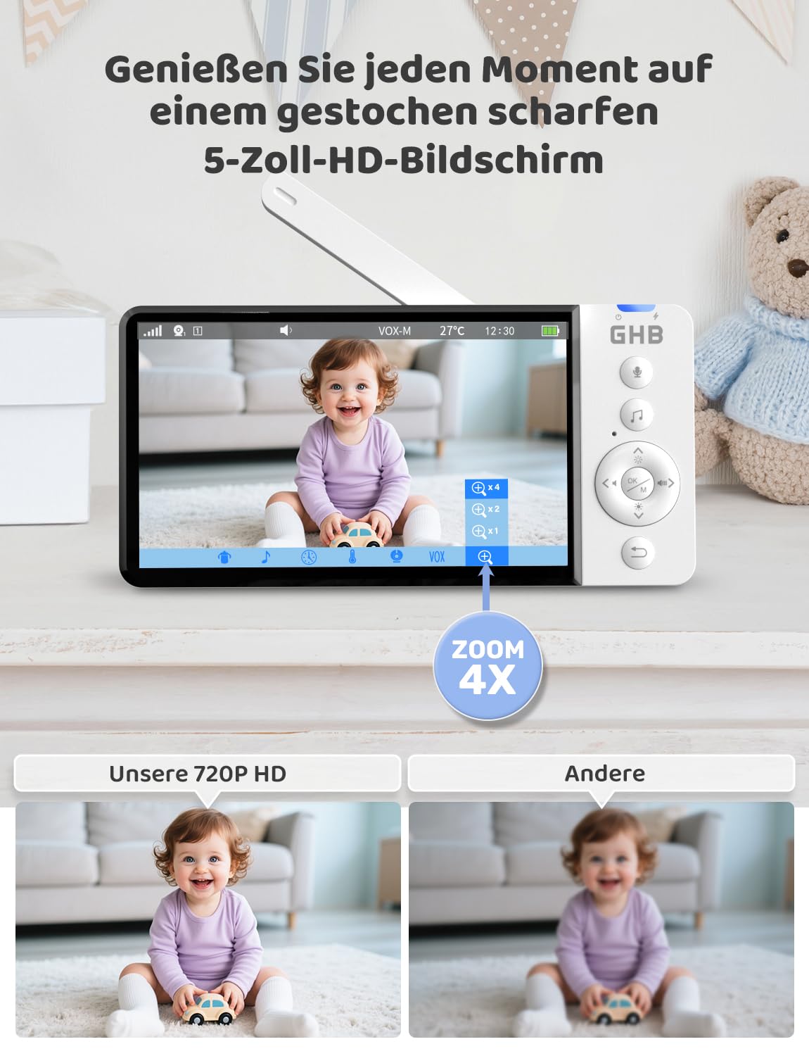 GHB Babyphone mit Kamera 5 Zoll IPS-Display 720P 5000 mAh VOX-Energiesparmodus 4X Zoom Nachtsicht Zwei-Wege-Audio Temperatursensor Nicht drehba
