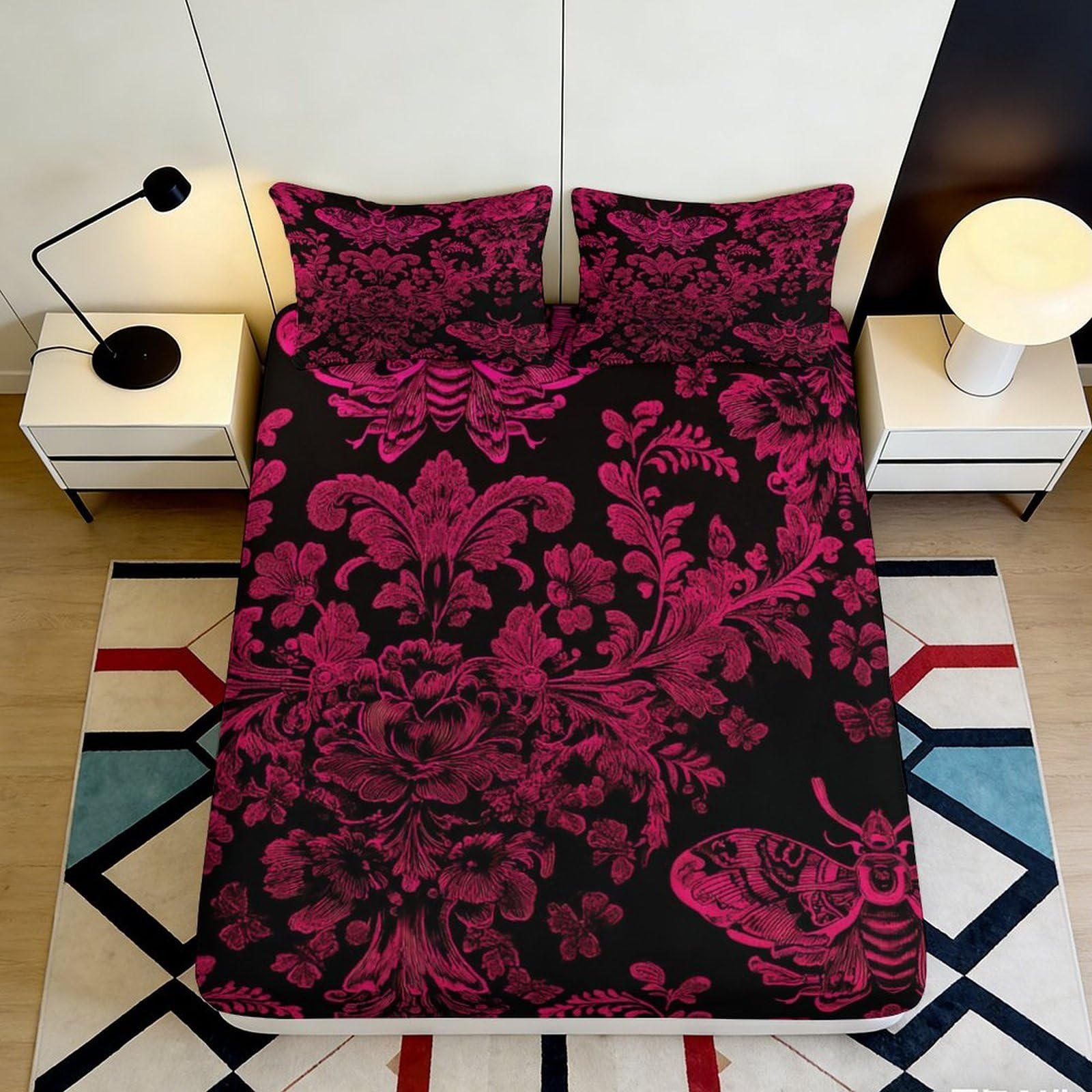 3D Printed Baroque Floral Fitted Sheet Microfiber Soft Breathable Gothic Moth Mattress Cover for Bedroom Decor 120x200x25cm