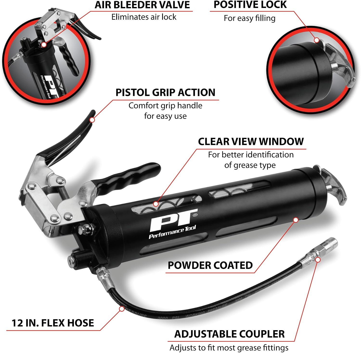 Performance Tool W54294 Clear View Pistol Action Manual Grease Gun with 12-Inch Wipe Hose and Coupler