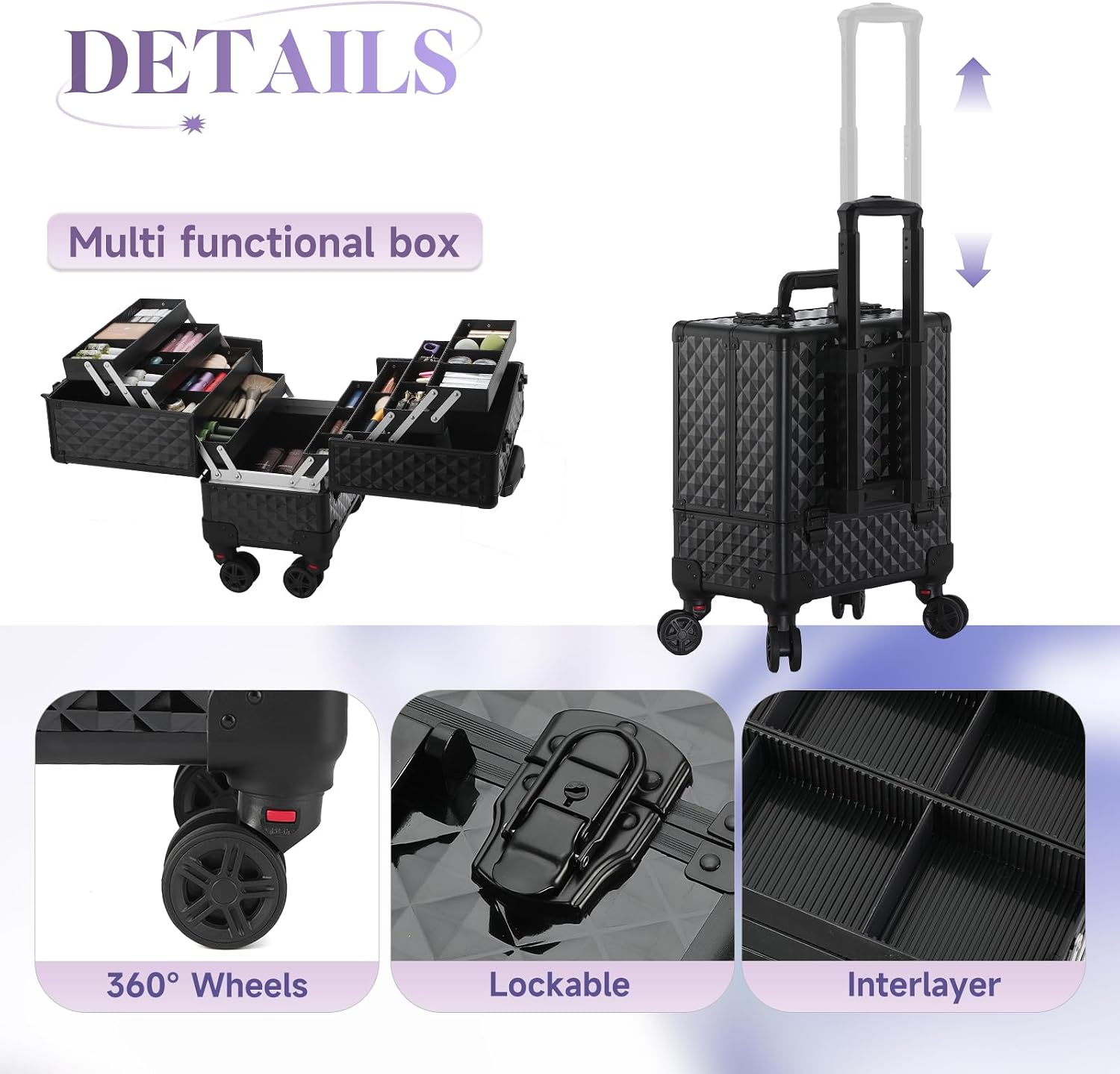 Leeora&Leekoo High-Capacity Multilayer Portable Nail Case for Nail Tech Organizer with Wheels - Lockable Makeup Case Organizer, Cosmetic Case, Makeup Train Case (watercube pattern)