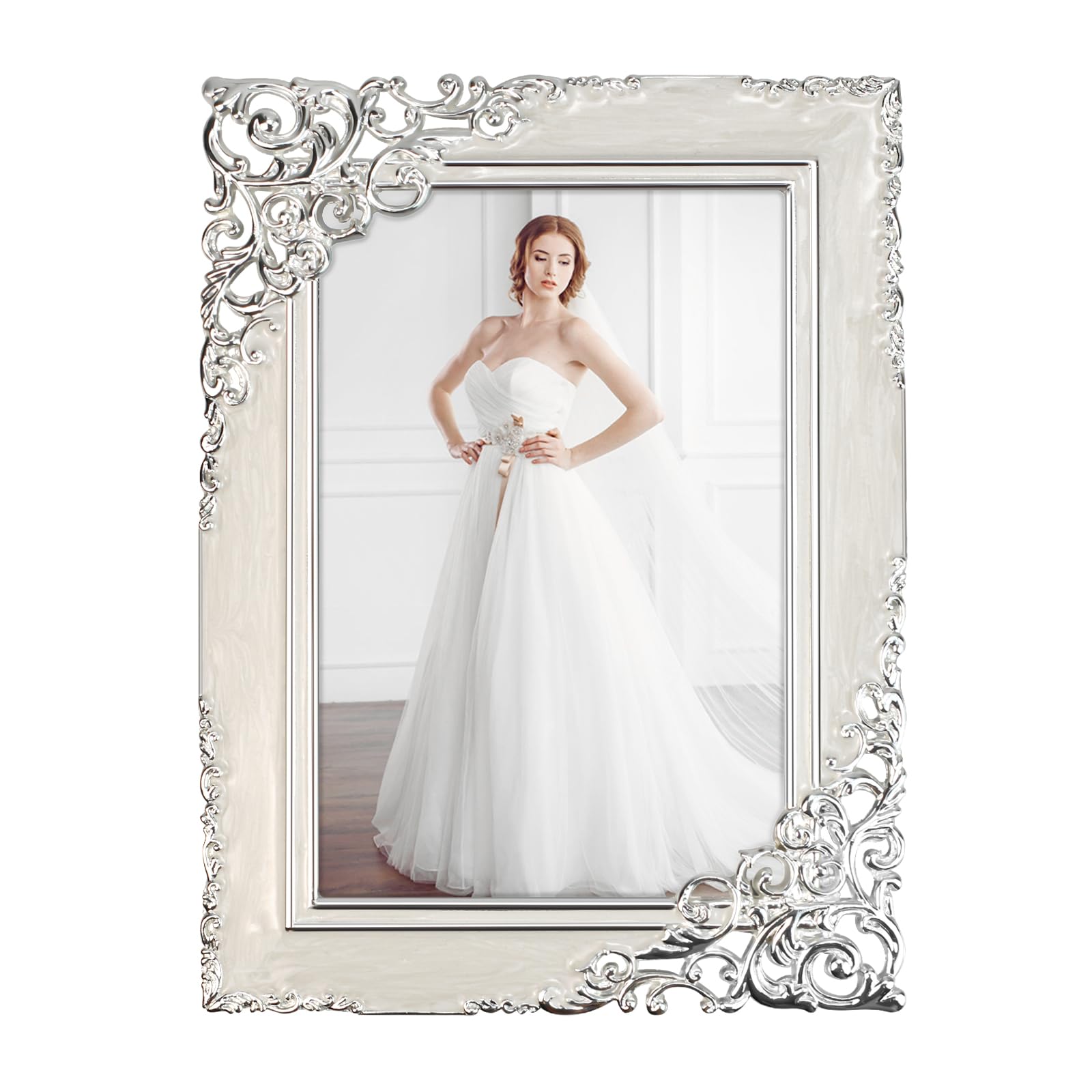 Essovee Vintage Picture Frames 4x6,Metal Photo Frame with Ornate Silver Baroque Scrollwork & HD Glass for Wedding Family Memories Photos Display,White