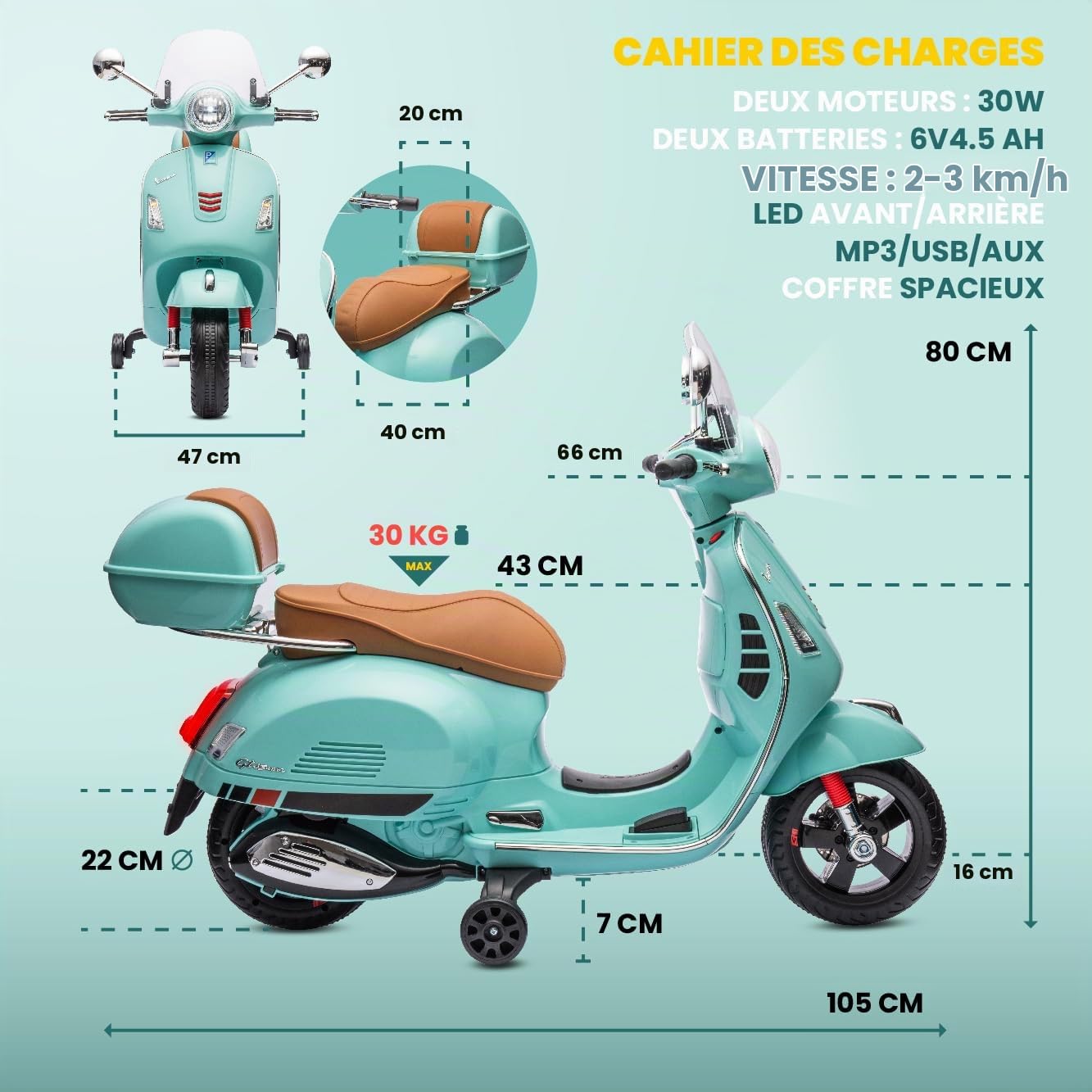Vespa Scooter Moto électrique pour Enfants avec Roues et siège en Plastique, Coffre, Lecteur MP3, Prise AUX MicroSD USD (Turquoise)