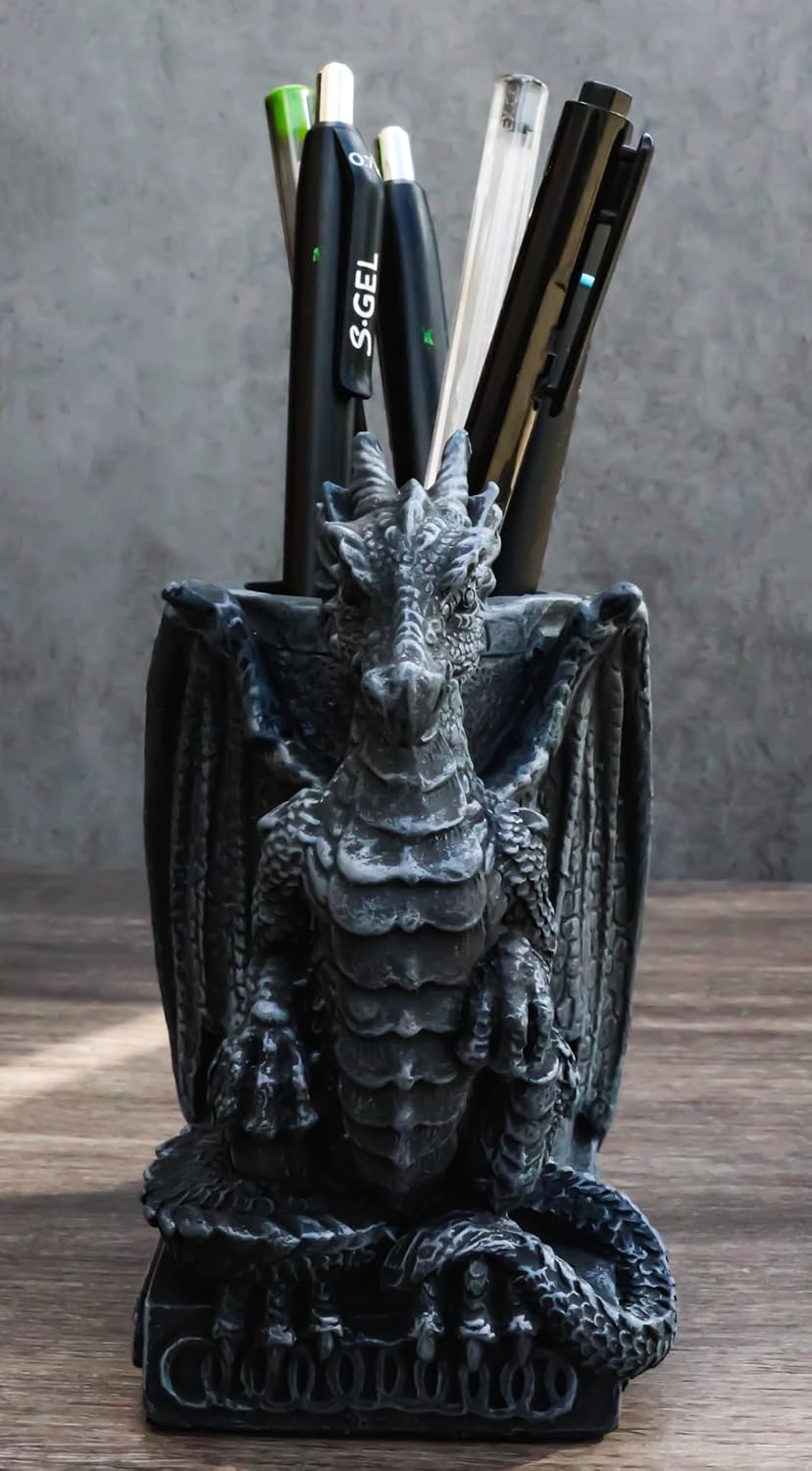 Ebros Medieval Fantasy Smaug Dragon Stationery Holder Statue Gothic Dragons Organizer Office Desktop Pen Pencil Holder Figurine 4.75" Tall Gothic Gargoyle Sentry