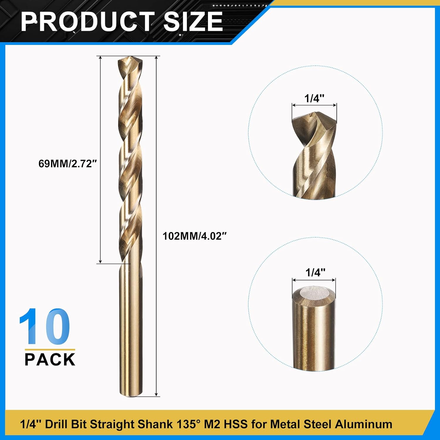 PATIKIL 1/4" Drill Bit, Jobber Straight Shank M2 High-Speed Steel 135° Gold Finish for Stainless Steel Hard Metal - 10 Pack